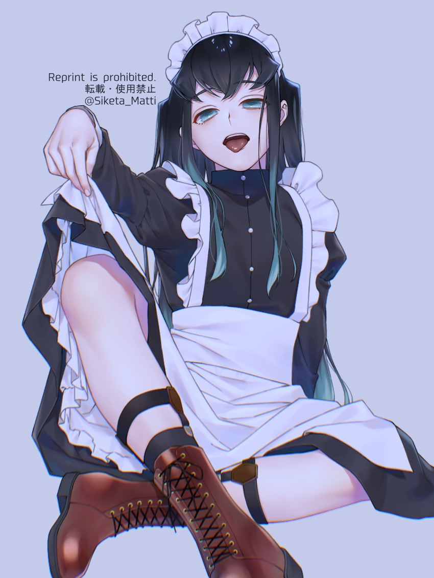 1boy androgynous apron bangs black_hair blue_eyes boots crossdressing demon_slayer femboy garter_straps girly half-closed_eyes kimetsu_no_yaiba long_hair long_sleeves looking_at_viewer maid_headdress maid_uniform male male_only muichiro_tokitou open_mouth pale-skinned_male pale_skin sidelocks siketa_matti sitting skirt_lift sock_garters socks solo tongue_out two_tone_hair