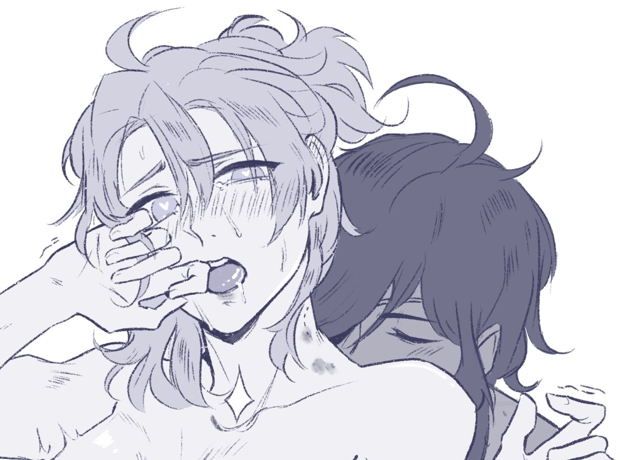 2boys, albedo (genshin impact), bite, bite mark, blush, dark skin, dark-skinned male, drooling, gay, genshin impact, heart-shaped pupils, hickey, interracial, kaeya (genshin impact), light skin, light-skinned male, male, male only, max eera, saliva