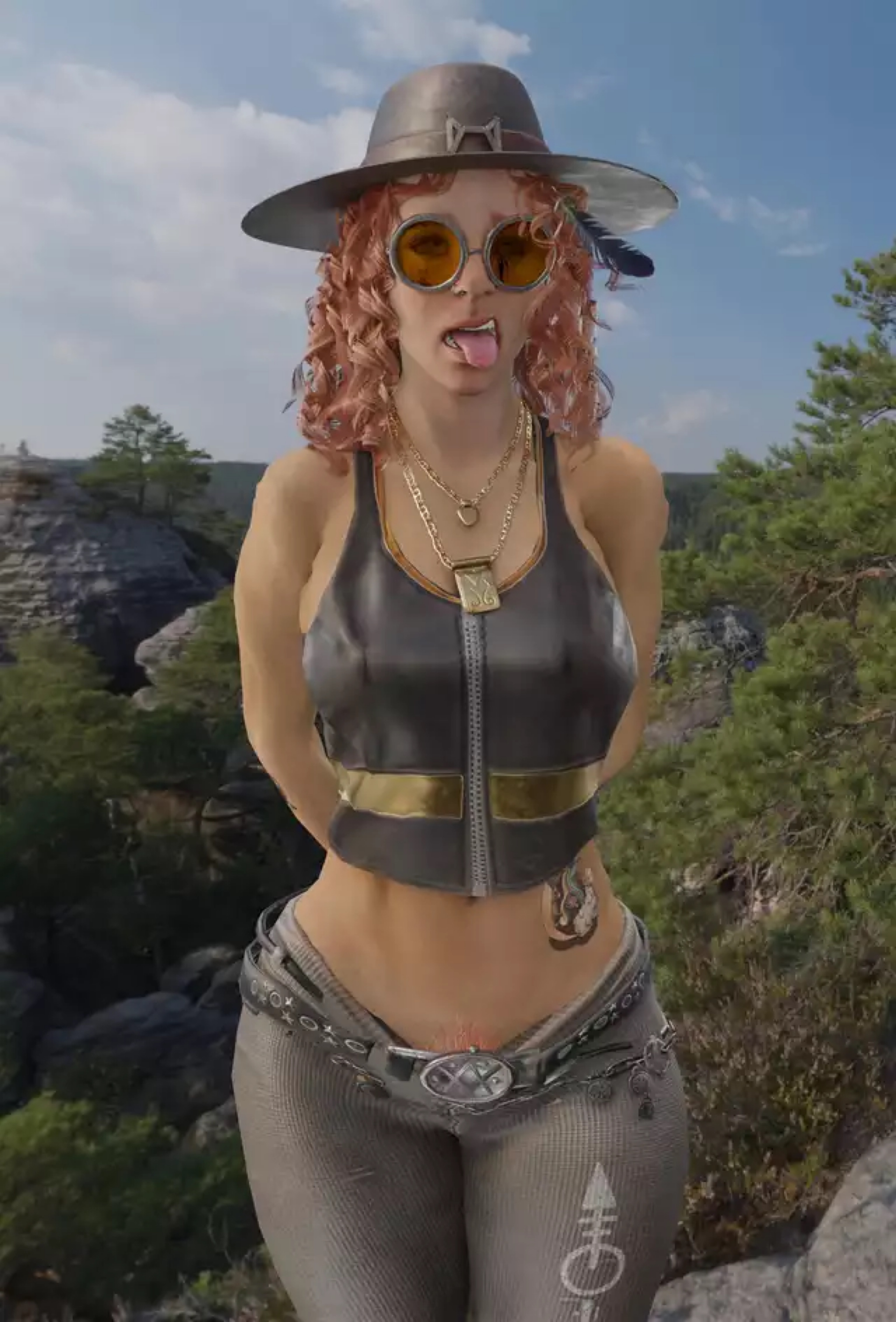 1girls, 2021, 3d, 3d (artwork), ahe gao, ahegao, artist request, bush, bushy pubes, chains, curvaceous, curvy, curvy figure, dbd, dead by daylight, eyewear, female, female focus, female only, female pubic hair, glasses, hairy, hairy pussy, hairy vagina, hat, headwear, hips, jewelry, light skin, light-skinned female, looking at viewer, mikaela reid, orange hair, pubes, pubic hair, red hair, solo, solo female, solo focus, tattoo, thick thighs, thighs, tongue, tongue out, tree, waist, wide hips, witch, witch hat
