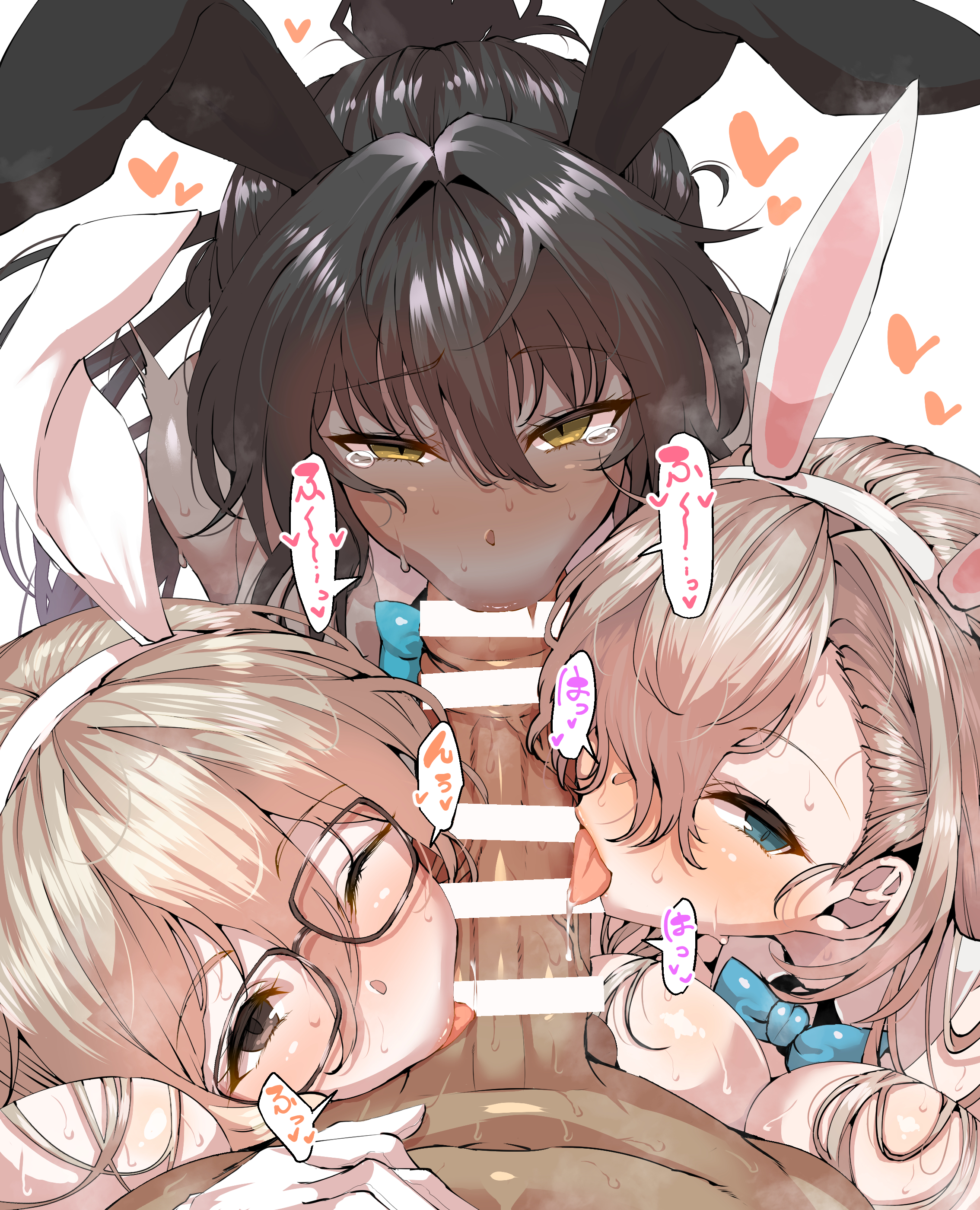 1boy, 2021, 3girls, akane (blue archive), akane (bunny) (blue archive), asuna (blue archive), asuna (bunny) (blue archive), bar censor, black hair, blonde hair, blue archive, blue eyes, blush, bowtie, breast press, breasts, brown eyes, brown skin, bunny ears, bunny girl, bunnysuit, censored, censored penis, cleavage, collaborative fellatio, dark skin, dark-skinned female, detached collar, erection, fellatio, female, female focus, glasses, hair over one eye, hi res, huge breasts, karin (blue archive), karin (bunny) (blue archive), large penis, licking penis, light skin, light-skinned female, long hair, long ponytail, male, millennium science school student, naughty face, one eye closed, oral, oral sex, penis, ponytail, sucking tip, tearing up, tongue, tongue out, triple fellatio, veiny penis, wakura (gcdan), yellow eyes