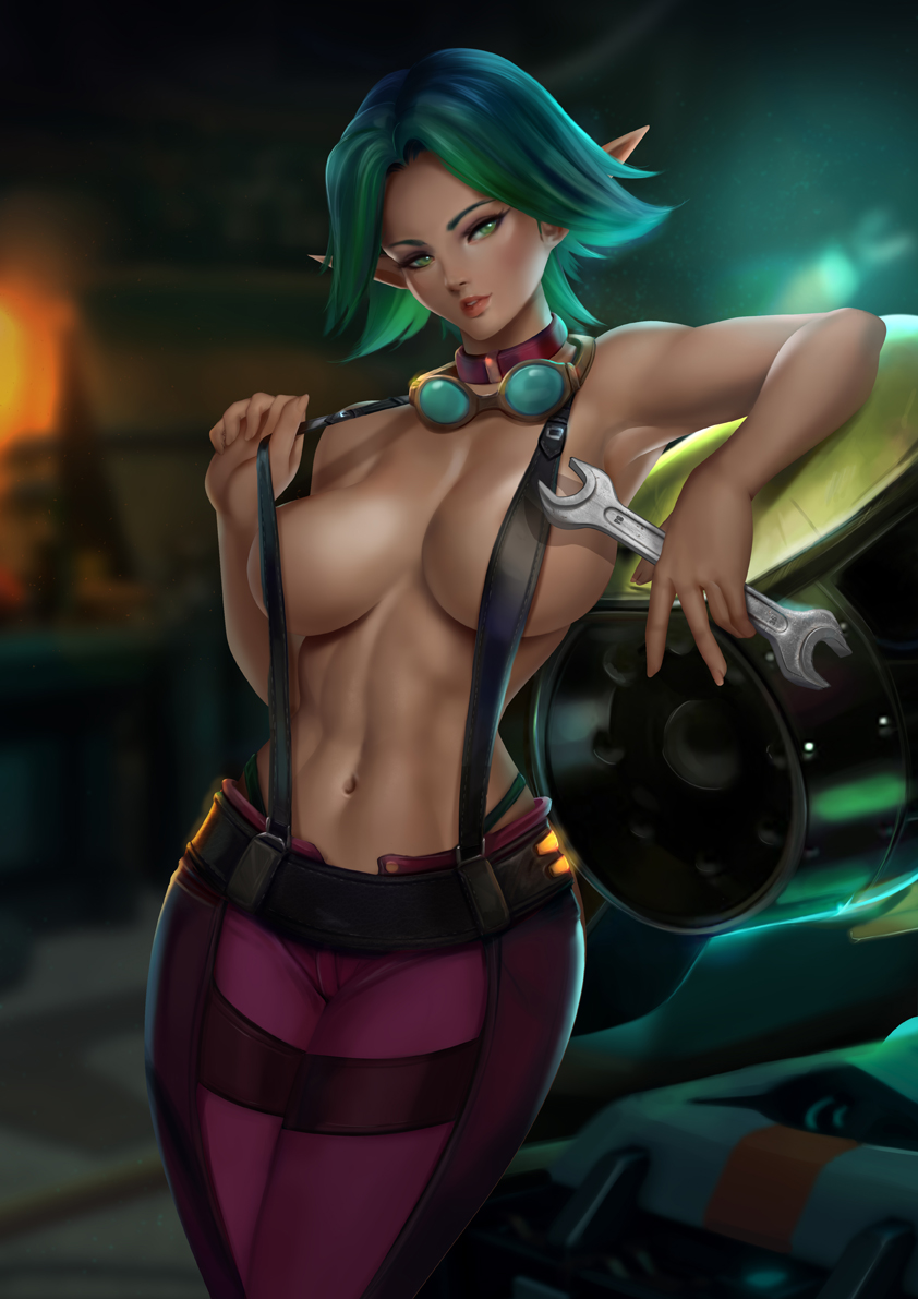 1girls, artist name, big breasts, breasts, choker, clothed, clothing, covered nipples, curvaceous, curvy, curvy female, curvy figure, felox08, female, goggles, goggles around neck, green eyes, green hair, hips, jak and daxter, keira hagai, large breasts, looking at viewer, medium hair, midriff, navel, panties, pointy ears, seductive, seductive eyes, seductive look, solo, solo female, solo focus, straps, suspenders, thick thighs, thighs, tomboy, tools, topless, underwear, vehicle, visible underwear, voluptuous, wide hips, wrench