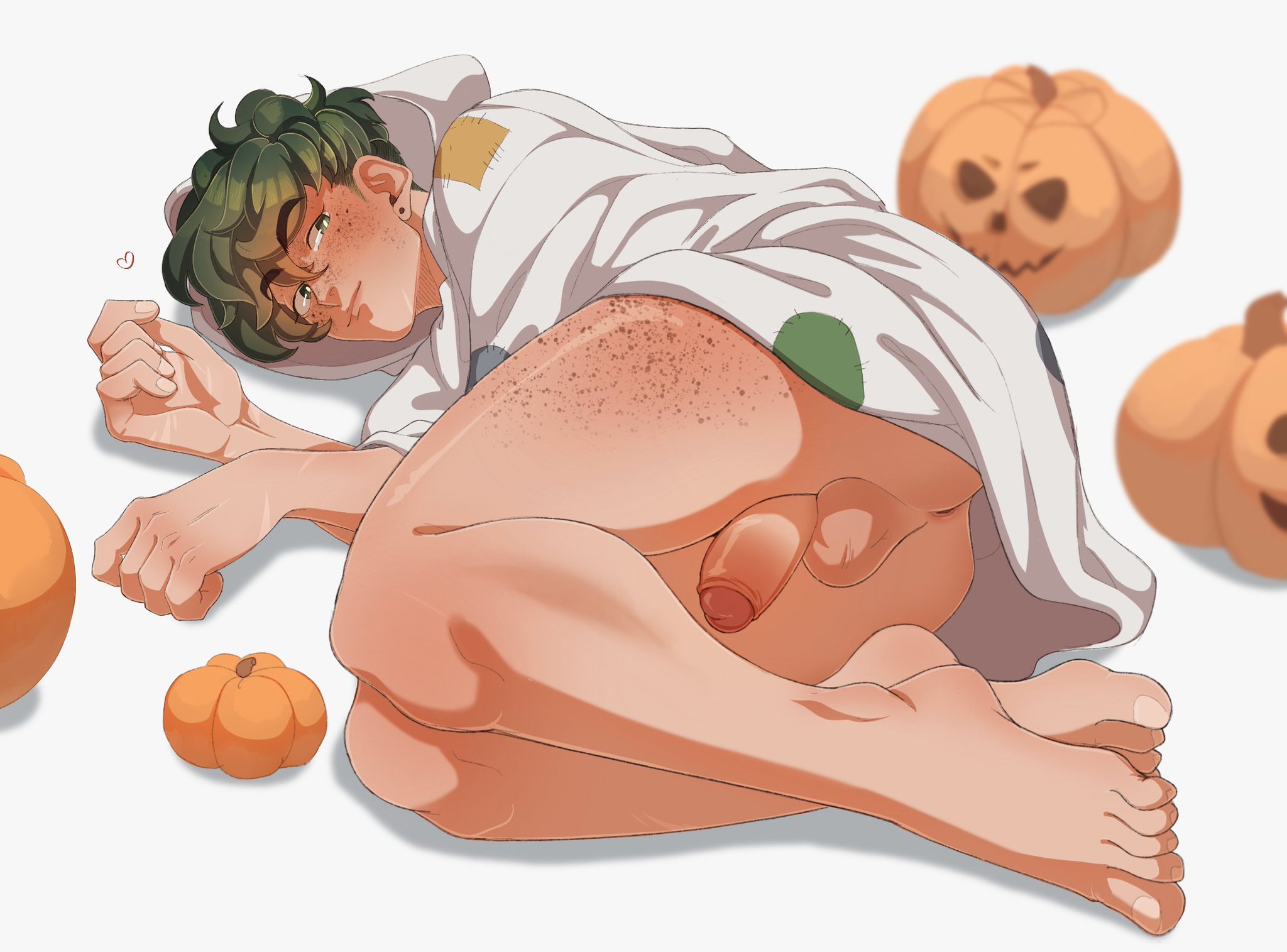 1boy, artflit, barefoot, feet, freckles, genitals, ghost costume, green hair, halloween costume, izuku midoriya, lying down, lying on side, male, male focus, male only, my hero academia, no underwear, on side, penis, pumpkin, solo, solo focus, solo male, upside down penis