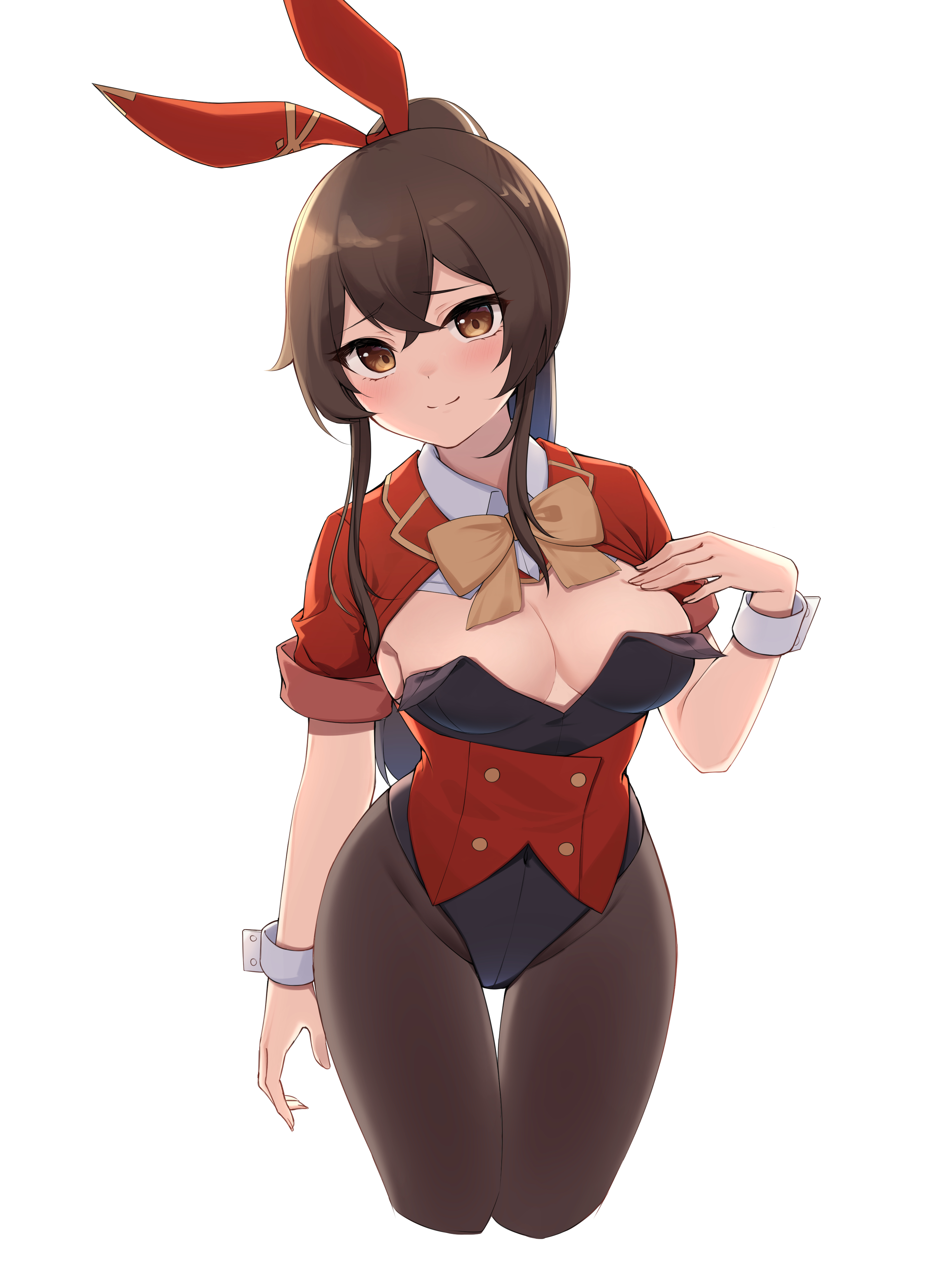 1girls, 2021, absurd res, amber (genshin impact), black leotard, blush, bow, bowtie, breasts, brown eyes, brown hair, bunny girl, bunnysuit, cleavage, cleavage cutout, clothing, eyebrows visible through hair, female, female only, genshin impact, hair between eyes, hair ribbon, hairband, hand on chest, head tilt, highres, jacket, leotard, long hair, long ponytail, looking at viewer, matching hair/eyes, medium breasts, open clothes, open jacket, pantyhose, playboy bunny, ponytail, red hairband, red jacket, ribbon, solo, standing, thick thighs, thigh gap, thighs, tied hair, wrist cuffs, ziro (zirorong)