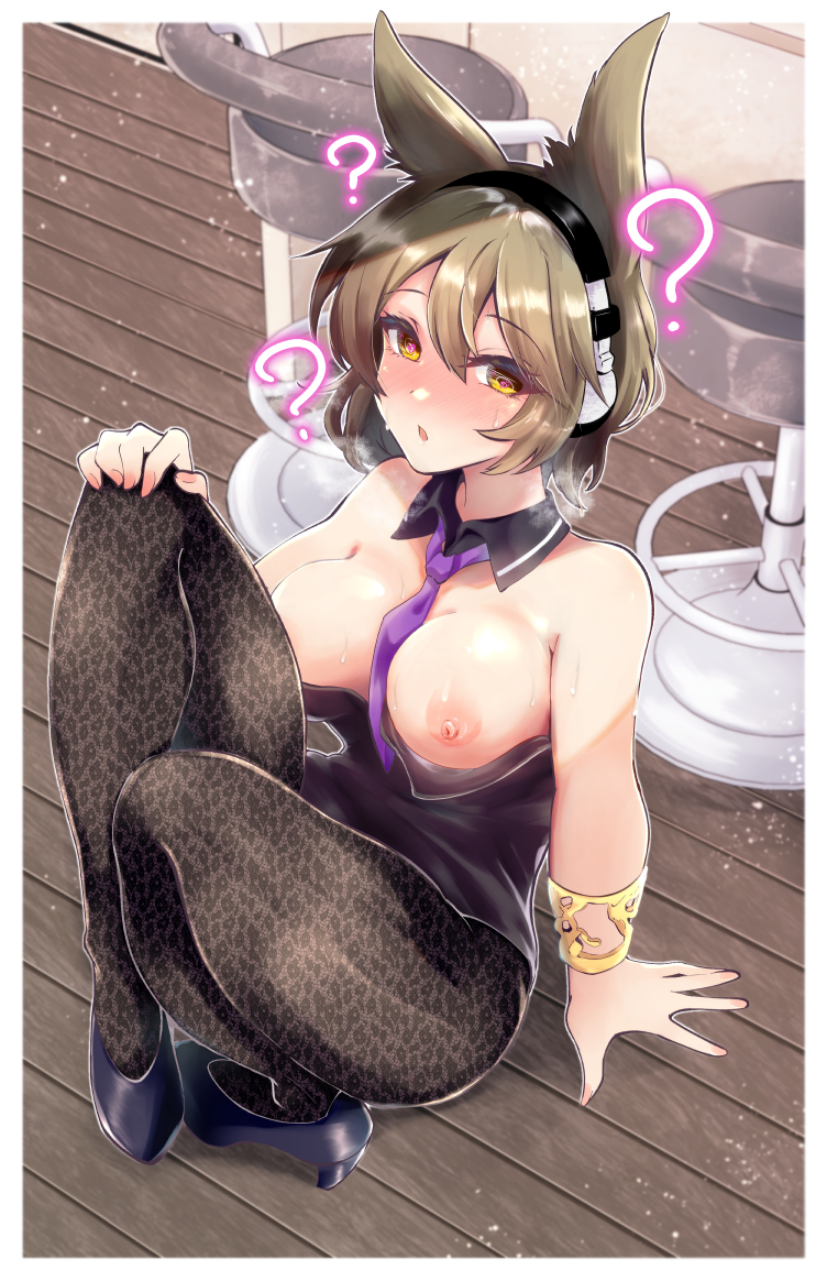 ?, alternate costume, bangle, bar stool, between breasts, black footwear, black legwear, black leotard, blush, bracelet, breasts, breasts out, breath, brown hair, clothes pull, commentary, detached collar, dress pull, eyebrows visible through hair, eyelashes, female, full body, hair between eyes, hair flaps, half-closed eyes, headphones, heart, heart-shaped pupils, heavy breathing, high heels, hypnosis, indoors, jewelry, kurokan (kokkyou oudan), leotard, looking at viewer, medium breasts, medium hair, mind control, necktie, necktie between breasts, nipples, open mouth, outline, pantyhose, purple necktie, ringed eyes, sitting, solo, stool, strapless, strapless leotard, sweat, symbol-shaped pupils, torogao, touhou, toyosatomimi no miko, wing collar, wooden floor