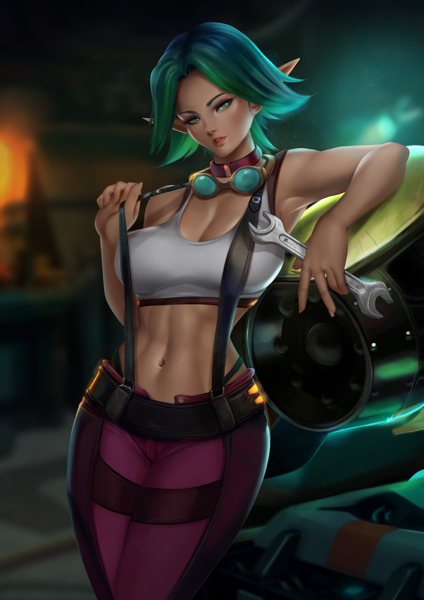 1girls, artist name, big breasts, breasts, choker, clothed, clothing, curvaceous, curvy, curvy female, curvy figure, felox08, female, goggles, goggles around neck, green eyes, green hair, hips, jak and daxter, keira hagai, large breasts, looking at viewer, medium hair, midriff, navel, panties, pointy ears, seductive, seductive eyes, seductive look, solo, solo female, solo focus, straps, suspenders, thick thighs, thighs, tomboy, tools, underwear, vehicle, visible underwear, voluptuous, wide hips, wrench