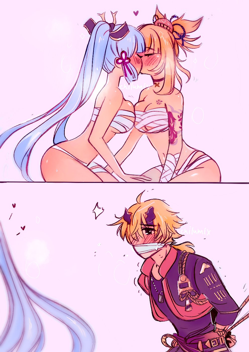 1boy, 2girls, arms behind back, blonde hair, blue hair, blush, bondage, bound, bound wrists, breasts, chilumix, cleavage, cuck, cucked by lesbian, cuckold, female, forced to watch, gag, gagged, genshin impact, ginger hair, green eyes, hoyoverse, kamisato ayaka, kissing, long hair, male, malesub, mihoyo, restrained, rope, rope bondage, thoma (genshin impact), tied up, voyeur, watching, yoimiya (genshin impact), yuri, yuri with male audience