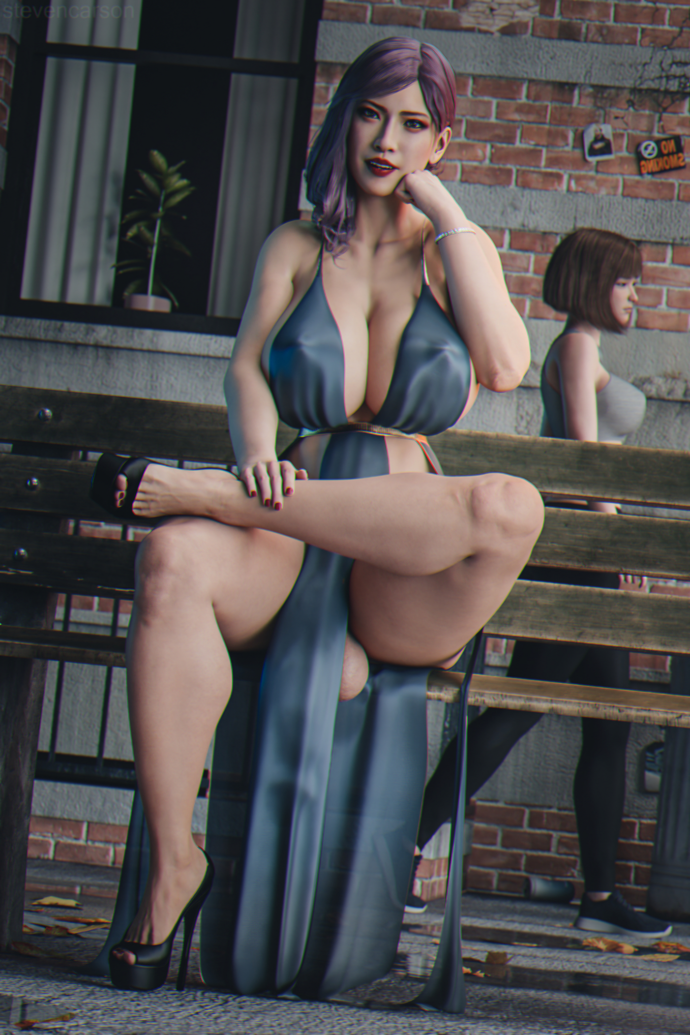 1futa, 3d, balls, bench, big breasts, breasts, casual exposure, casual nudity, clothed, clothing, dress, erection, futa focus, futa only, futa with female, futanari, huge cock, human, ineffective clothing, intersex, large breasts, light skin, light-skinned futa, looking at viewer, pale skin, partially clothed, pelvic curtain, penis, public, public exposure, ryuu ga gotoku, seong-hui, sitting, solo, solo focus, stevencarson, thick thighs, wide hips