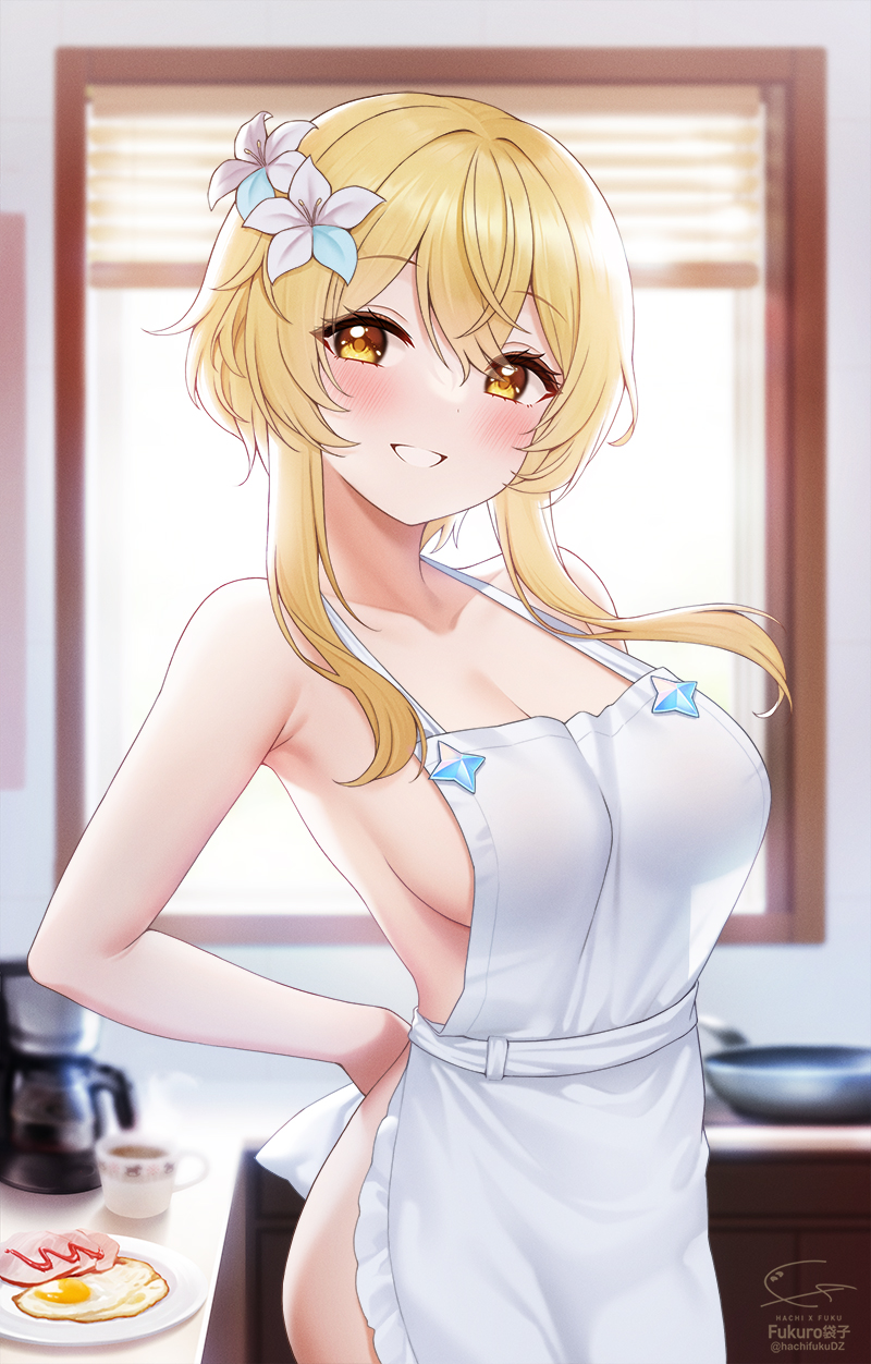 1girls 2021 apron arms_behind_back artist_name blonde_hair blurry blurry_background blush breasts cleavage coffee_maker_(object) cup egg eyebrows_visible_through_hair eyes_visible_through_hair female female_only flower food frying_pan fukuro_ko_(greentea) genshin_impact grin hair_between_eyes hair_flower highres indoors kitchen large_breasts looking_at_viewer lumine_(genshin_impact) matching_hair/eyes naked_apron plate primogem short_hair_with_long_locks sideboob sidelocks signature smile solo standing sunny_side_up_egg teeth thighs twitter_username watermark white_flower window yellow_eyes