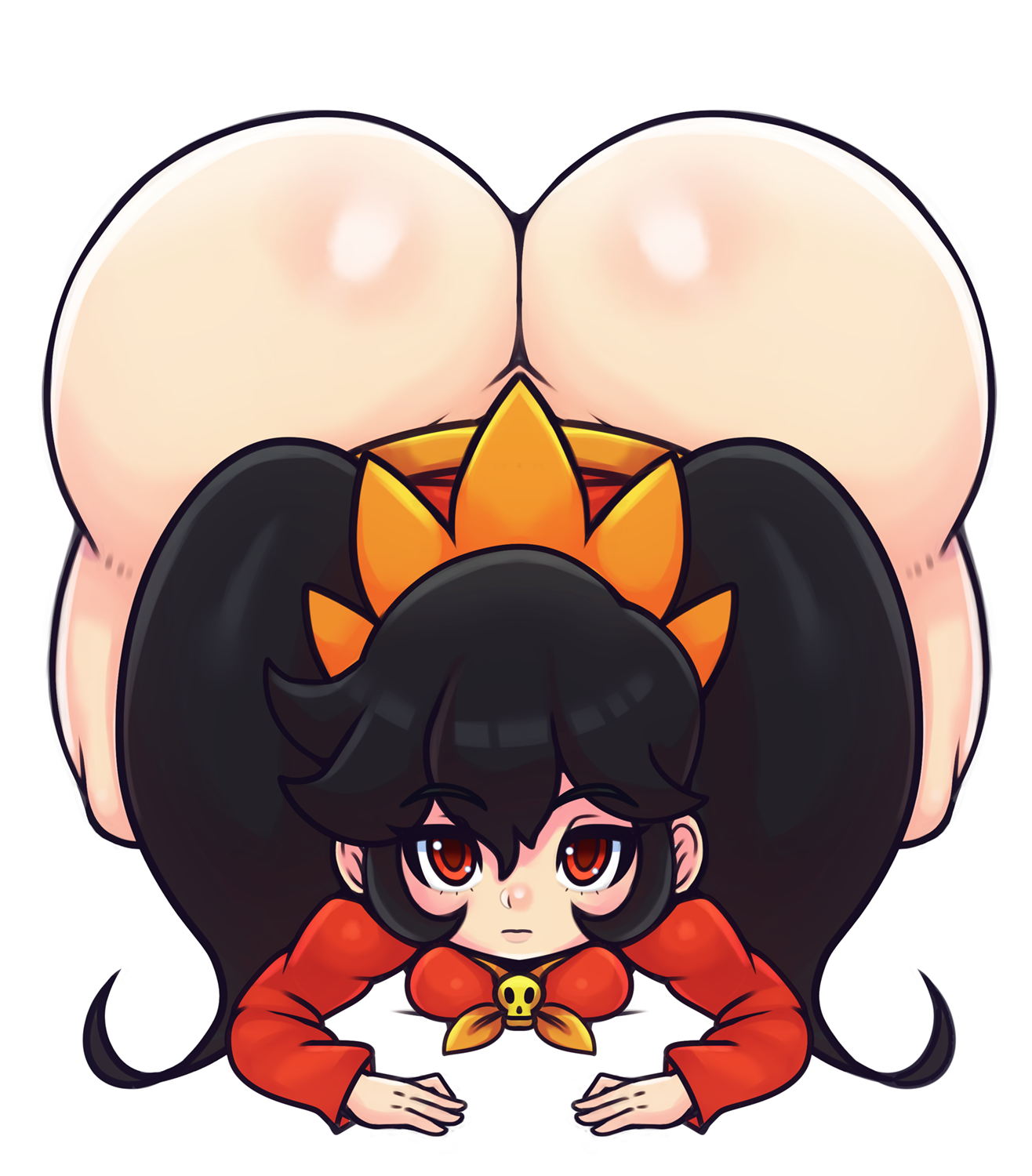 1girls, ashley (warioware), ass, ass up, big ass, black hair, bottom heavy, breasts, eye contact, fat ass, female, huge ass, large ass, looking at viewer, mario (series), massive ass, matospectoru, medium breasts, red eyes, shortstack, smaller female, thick ass, thick thighs, thighs, top-down bottom-up, twintails, wario (series), warioware, white background