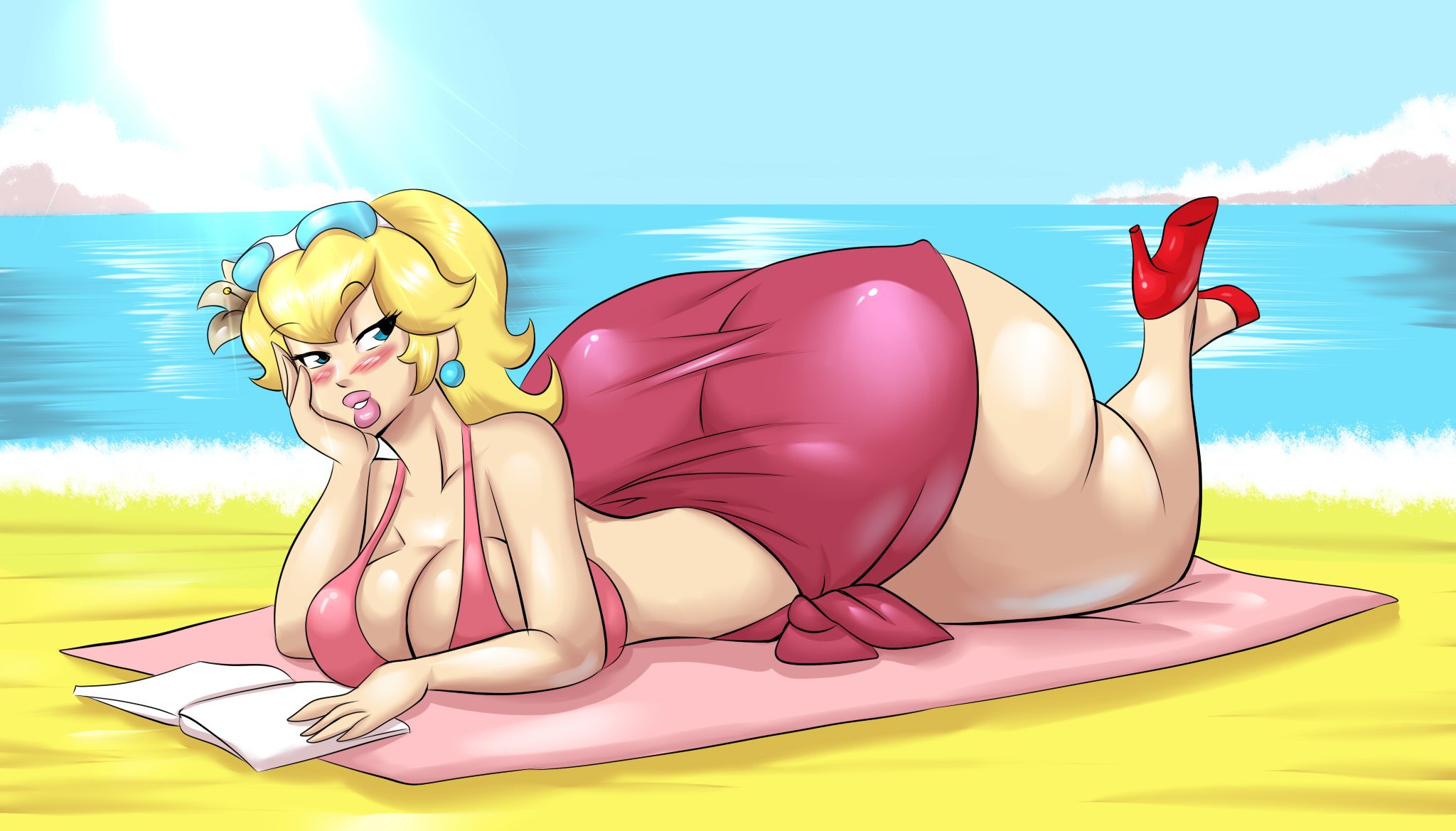 1girls, ass, beach, big ass, big breasts, bikini, blonde hair, breasts, bubble ass, bubble butt, female, female only, flower in hair, heels, high heels, huge ass, hyper, hyper ass, light skin, light-skinned female, lips, lipstick, marauder6272, mario (series), nintendo, pink clothing, pink lipstick, princess peach, princess peach (swimwear), red heels, red high heels, schnauzercito, seductive, seductive look, seductive smile, solo, sunglasses on head, tagme, thick ass, thick lips, thick thighs, thunder thighs, voluptuous, wide hips