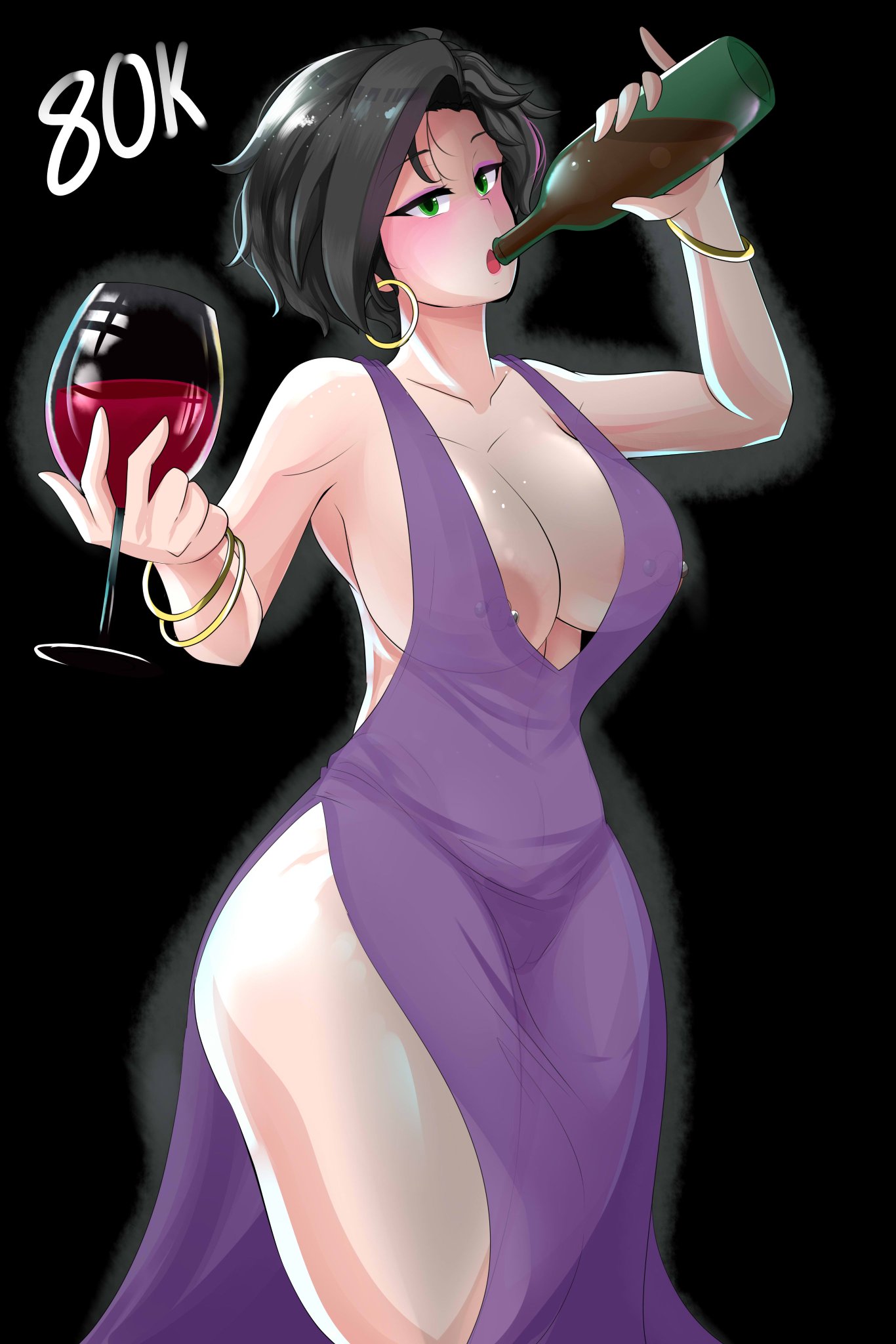 1girls, alessandra (comicomryu), ass, big ass, big breasts, big butt, black hair, blush, breasts, comicomryu, dress shirt, female, green eyes, nipple piercing, nipples, piercing, pussy, ryumxr, wine