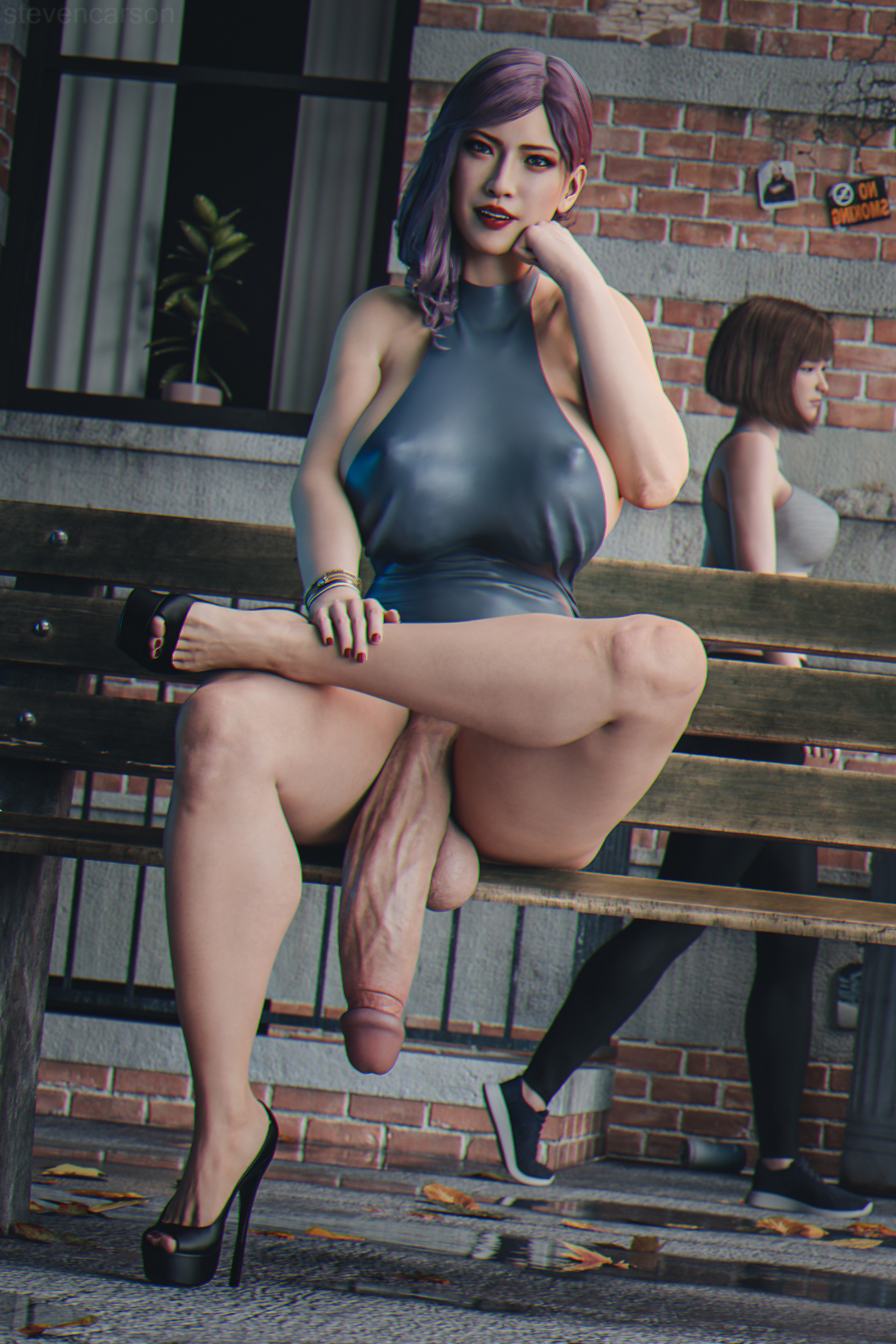 1futa, 3d, big breasts, breasts, casual exposure, casual nudity, erection, futa focus, futa only, futa with female, futanari, huge cock, intersex, large breasts, light-skinned futa, looking at viewer, nipple bulge, nipples visible through clothing, penis, public, ryuu ga gotoku, seong-hui, solo, solo focus, stevencarson, thick thighs, wide hips