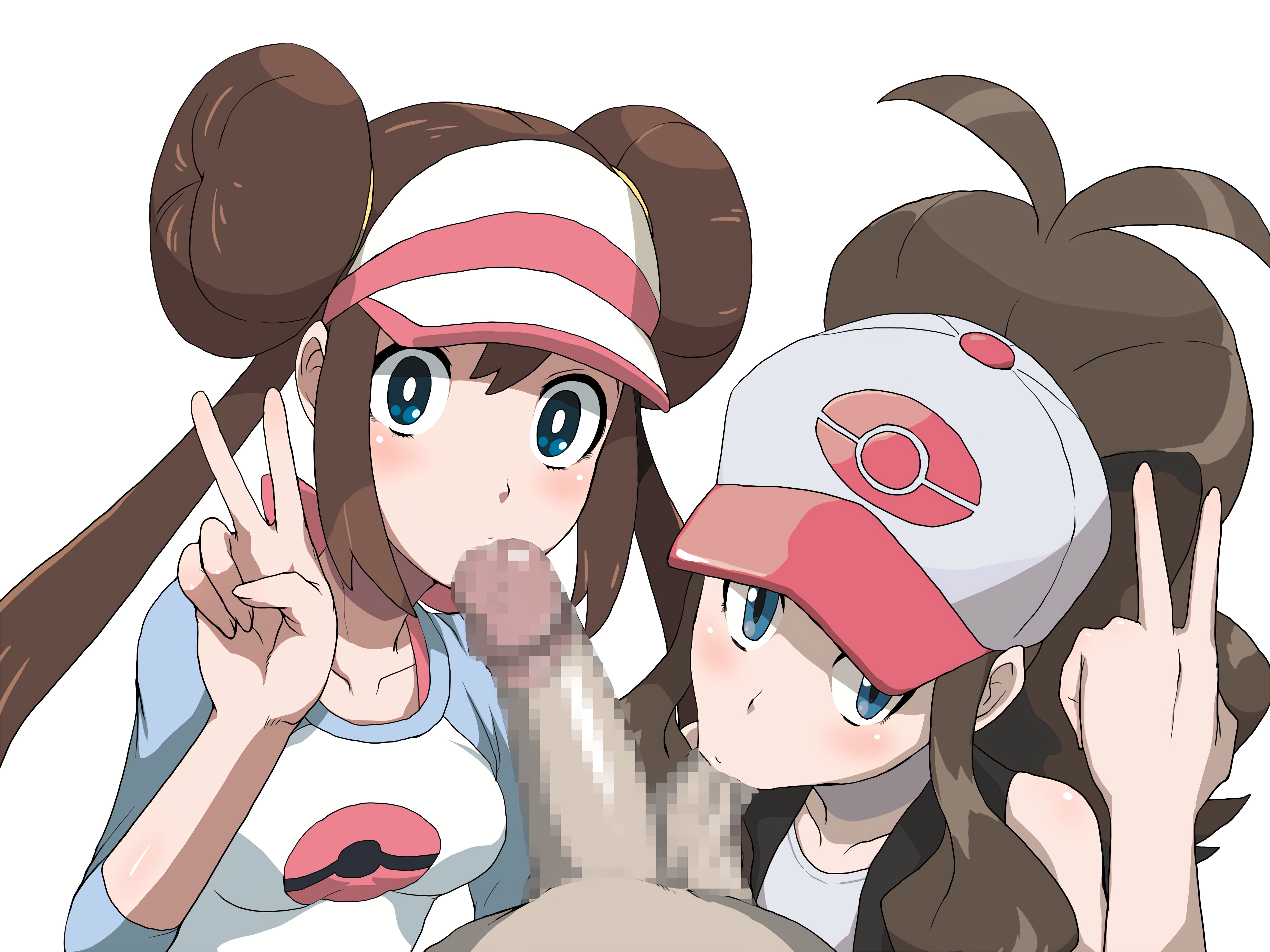 :>=, 1boy, 2girls, absurdres, balls, balls sucking, bare shoulders, baseball cap, blue eyes, breasts, brown hair, cap, censored, clothes, collaborative fellatio, creatures (company), double bun, erection, fellatio, female, game freak, hair, hair bun, hat, high ponytail, highres, hilda (pokemon), human, human only, long hair, looking at viewer, male, medium breasts, multiple females, multiple girls, nintendo, oral, parumezan, penis, poke ball symbol, pokemon, pokemon (game), pokemon bw, pokemon bw2, ponytail, pov, rosa (pokemon), shiny, shiny skin, shirt, simple background, straight, teamwork, testicles, tied hair, v, very long hair, visor cap, white background, white shirt