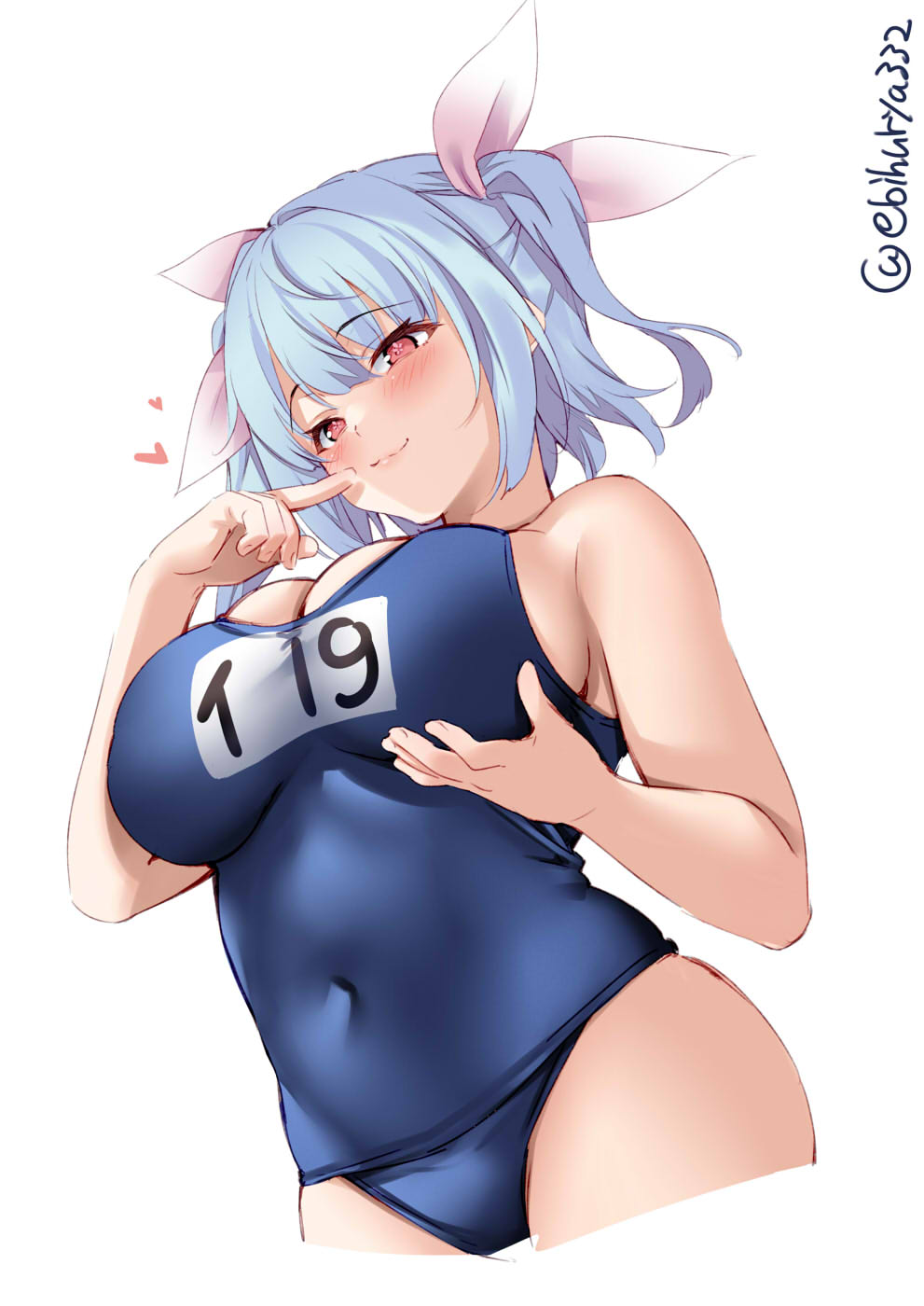 :3, bangs, big breasts, blue hair, blue swimsuit, blush, breasts, cleavage, ebifurya, female, female only, finger to mouth, hair ribbon, hairbow, holding breast, i-19 (kantai collection), kantai collection, low-angle view, navel, one-piece swimsuit, pink eyes, school swimsuit, smile, solo, swimsuit, twintails, unusual anatomy, unusual eyes, unusual pupils