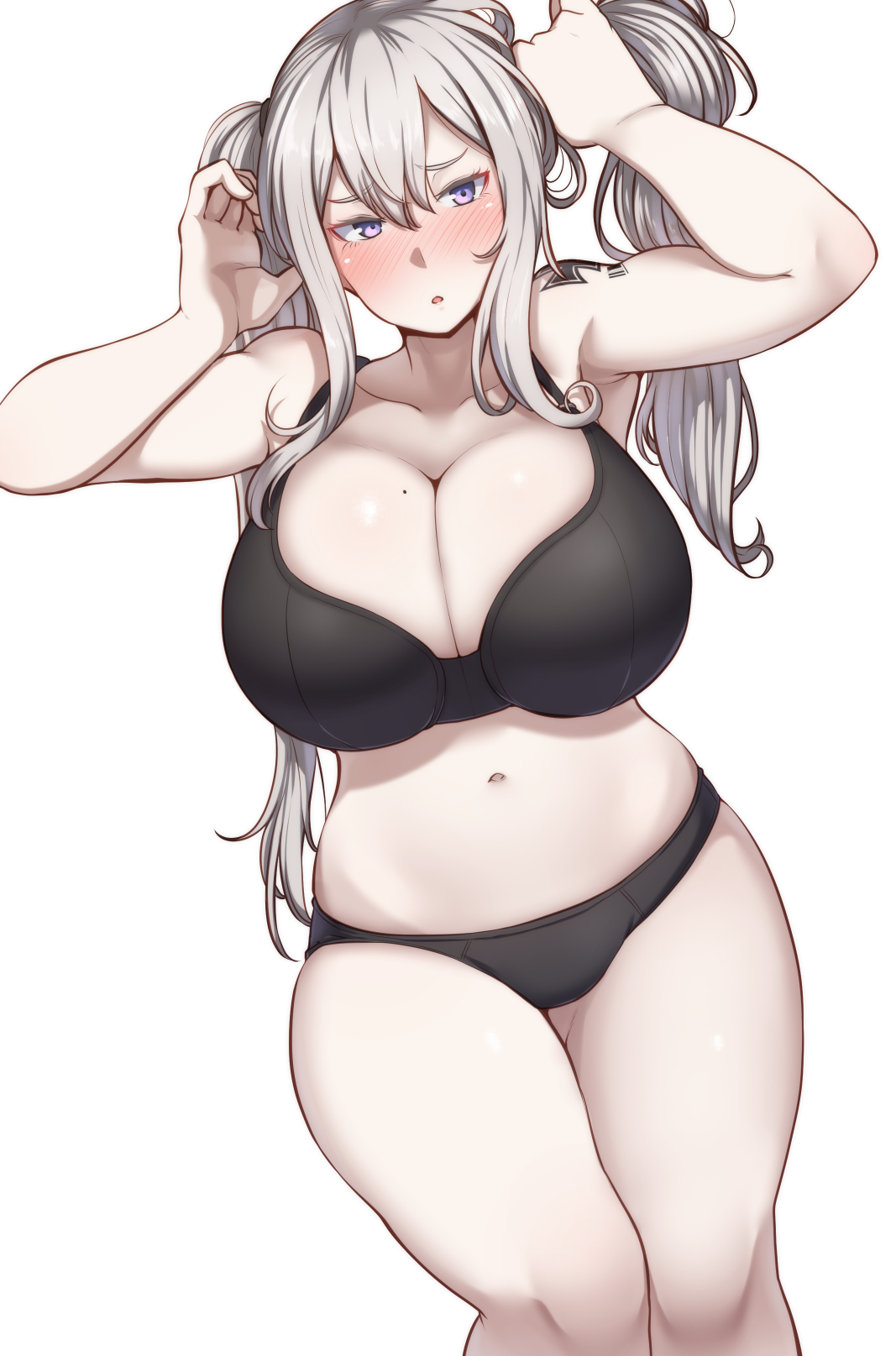 big breasts, black bra, black panties, blush, bra, breasts, cleavage, curvy, female, female only, graf zeppelin (kantai collection), huge breasts, kantai collection, light skin, light-skinned female, long hair, looking at viewer, mole on breast, pale skin, pale-skinned female, panties, purple eyes, ryuun (stiil), solo, tattoo, thick thighs, twintails, tying hair, voluptuous, wide hips
