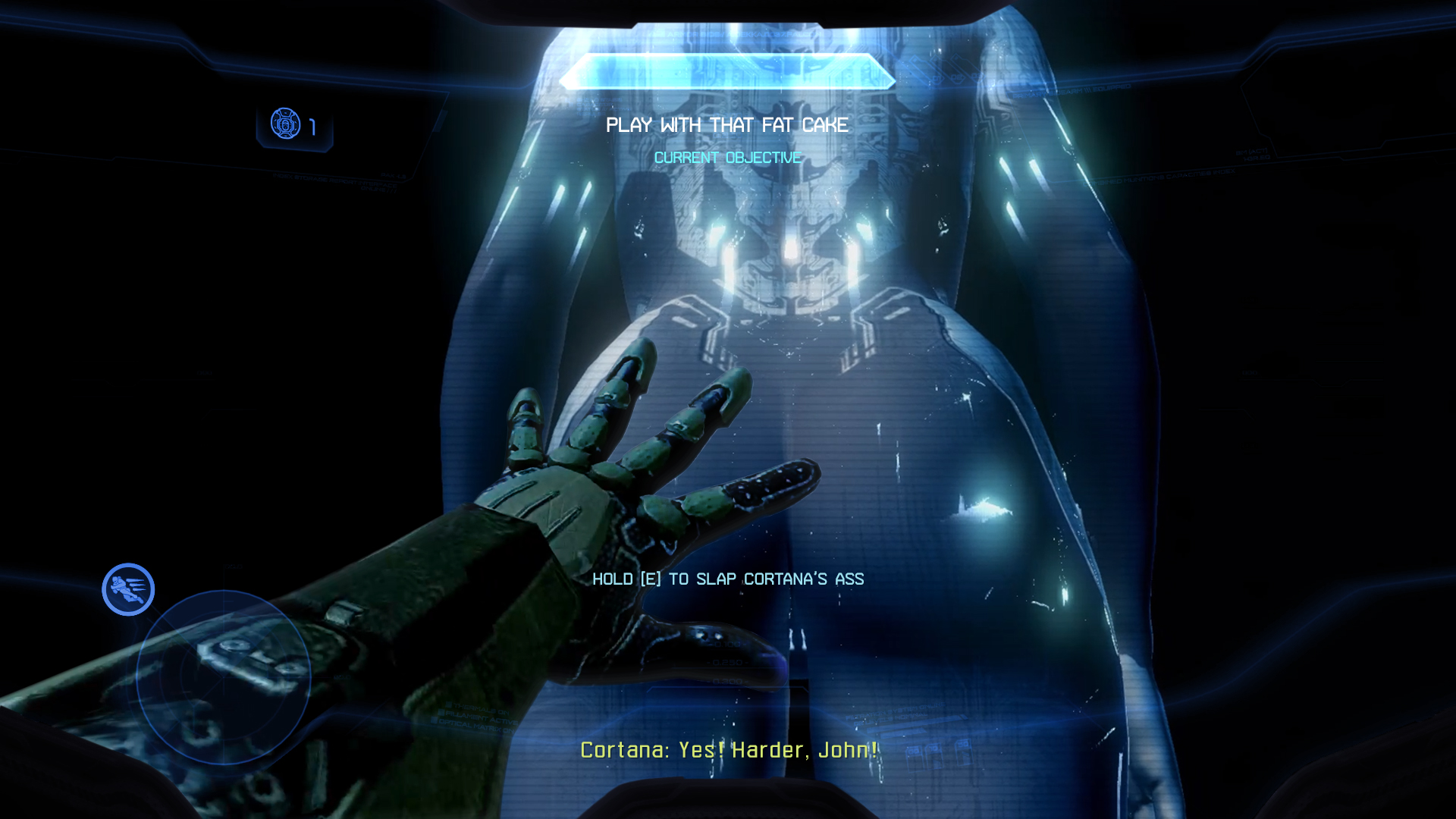 1boy, 1girls, 2021, 3d, armor, artificial intelligence, artist request, ass, blue skin, clothed male, completely nude, cortana, dark room, dialogue, duo, english text, enjoying, female, fully clothed, gloves, glowing, glowing markings, halo, halo (game), halo (series), hand, happy, headgear, helmet, hologram, holographic interface, human, human on humanoid, humanoid, larger female, looking at another, looking up, male, male pov, master chief, no artist, no artist signature, no source, nude, nude female, pov, science fiction, screenshot, screenshot edit, size difference, smaller male, spanking, standing, straight, text, video games