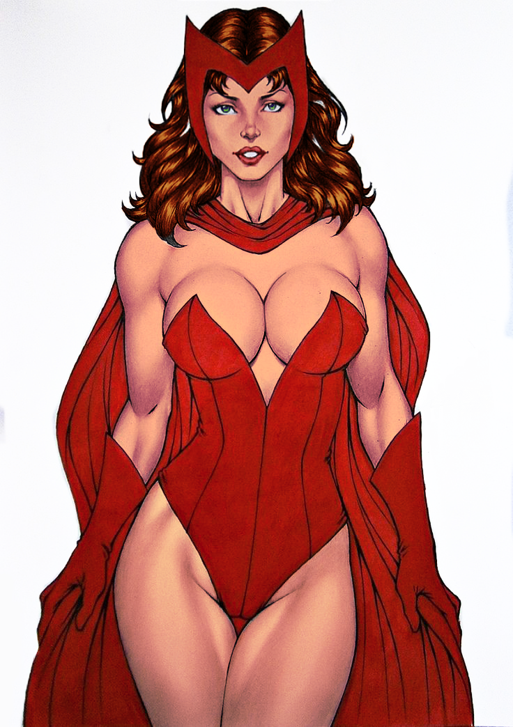 brown_hair cape carlos_braga cleavage color colored drawingthings12 edited female_focus female_only gloves green_eyes looking_at_viewer low_cut_top marvel marvel_comics red_cape red_clothing red_gloves red_outfit scarlet_witch wanda_maximoff