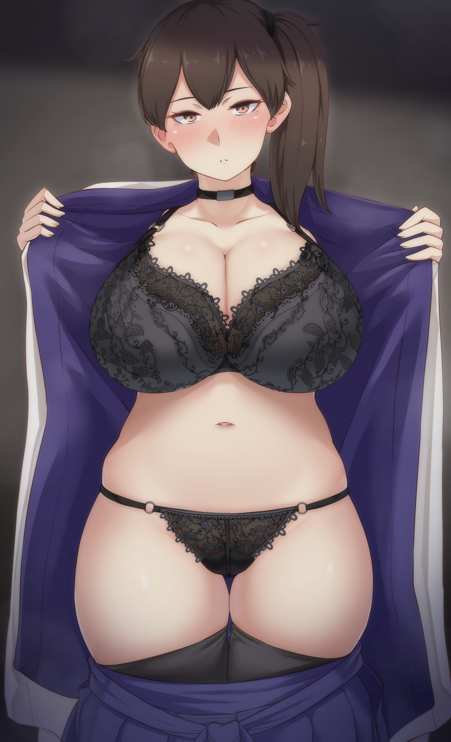bangs, big breasts, black bra, black legwear, black panties, black thighhighs, blush, bra, breasts, brown eyes, brown hair, choker, cleavage, curvaceous, curvy, female, female only, hakama skirt, huge breasts, kaga (kantai collection), kantai collection, lace-trimmed bra, lace-trimmed panties, looking at viewer, open clothes, panties, plump, ponytail, presenting, ryuun (stiil), side ponytail, skirt down, solo, thick thighs, thigh gap, thighhighs, voluptuous, wide hips, zettai ryouiki