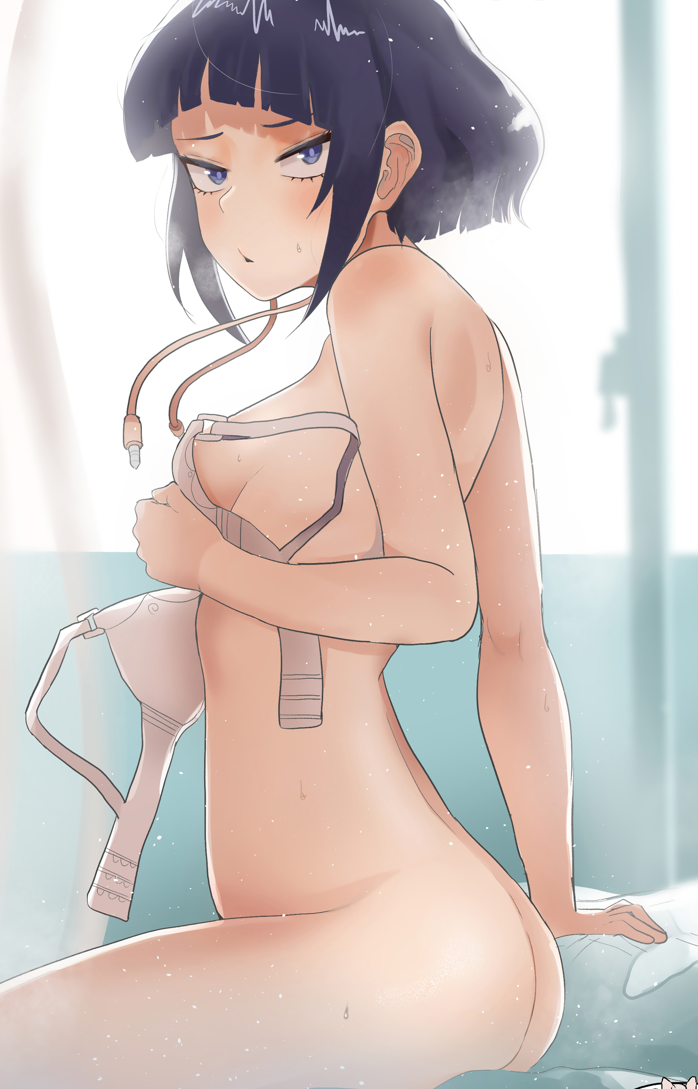 1girls, bra, bra removed, covering, female, female only, kyoka jiro, looking at viewer, my hero academia, purple hair, purple-haired female, solo, zd, zd (pixiv6210083)