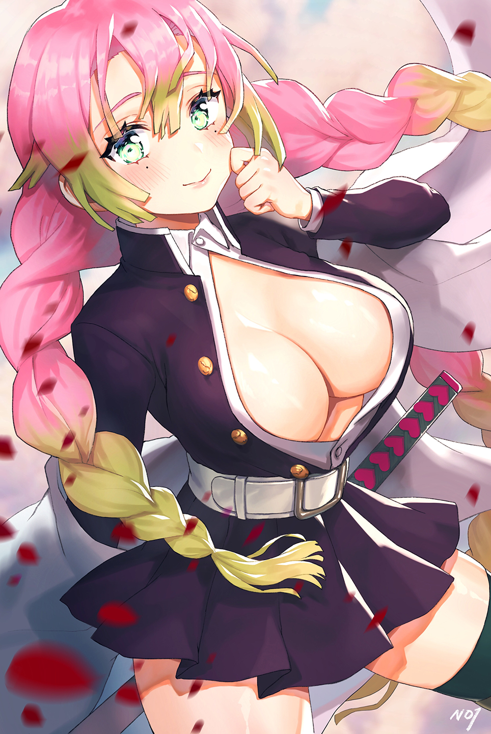 1girls, bangs, big breasts, blush, braided hair, breasts, cleavage, demon slayer, female, female only, haori, kanroji mitsuri, kimetsu no yaiba, long hair, long sleeves, looking at viewer, miniskirt, mole under eye, no bra, no1, petals, pink hair, pink-haired female, pleated skirt, shiny skin, smile, solo, thighhighs, two-tone hair, uniform, wind