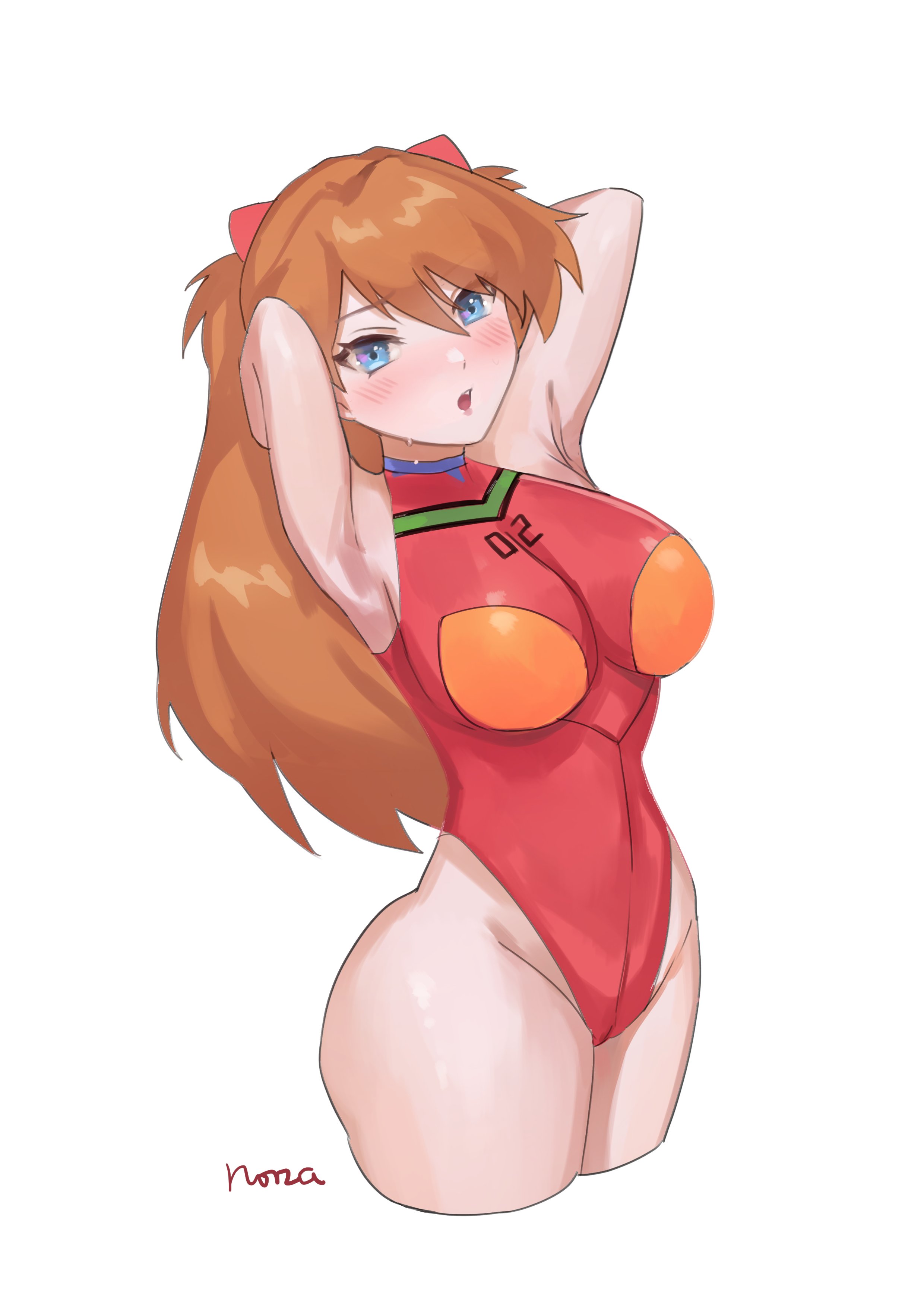 1girls, 2022, armpits, arms behind head, arms up, artist signature, asuka langley sohryu, big breasts, blue eyes, blush, breasts, busty, child bearing hips, clothing, female, female only, fully clothed, hi res, hips, large breasts, long hair, neon genesis evangelion, norza, orange hair, plugsuit, pose, posing, simple background, sleeveless, sleeveless leotard, slim waist, solo, thick thighs, thighs, thong, thong leotard, tight clothing, wide hips