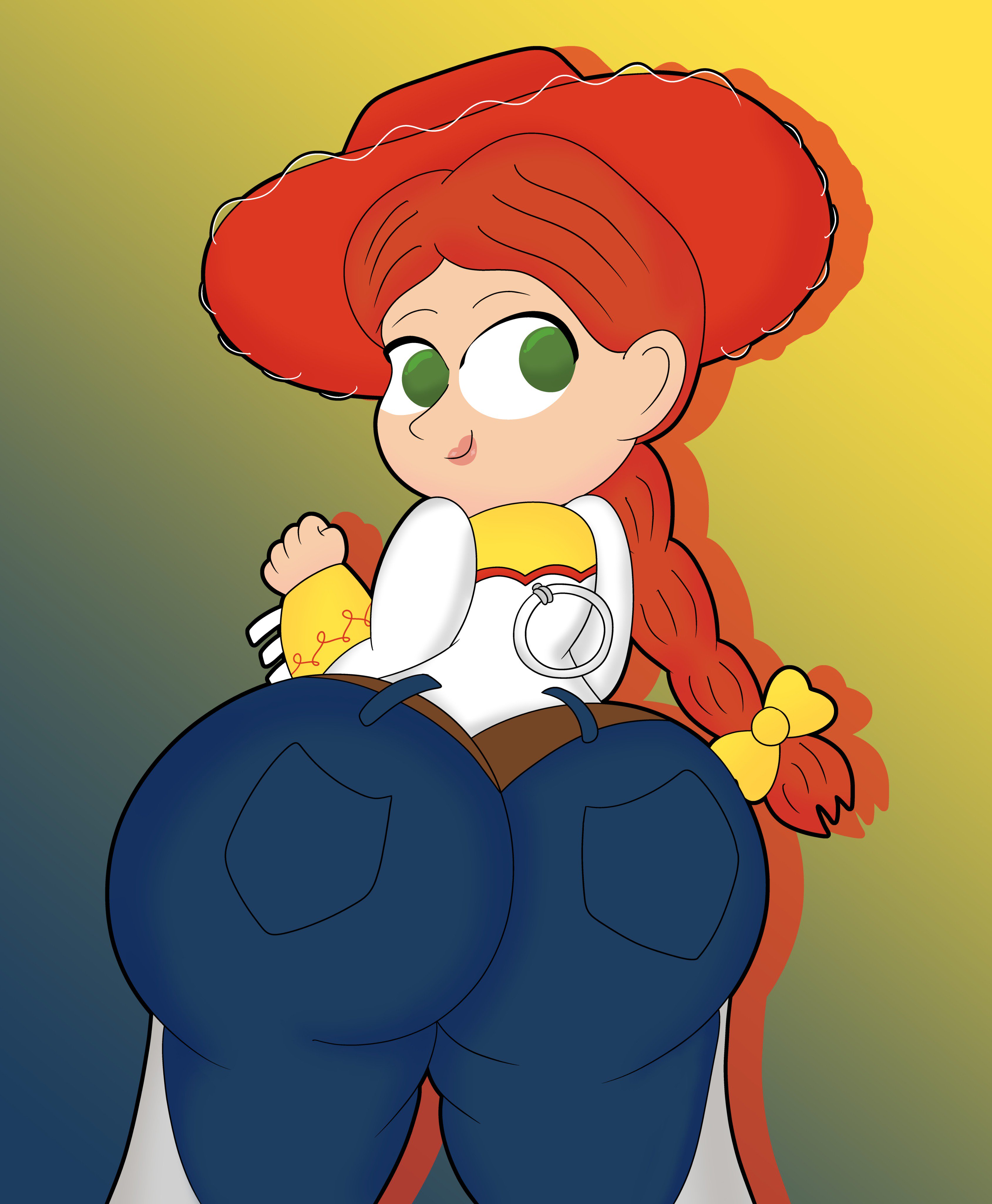 1girls, 2019, 3barts, 5 fingers, ass, big ass, cowboy hat, cowgirl, cute, disney, female, green eyes, jeans, jessie (toy story), looking at viewer, looking back, pixar, pullstring, red hair, tagme, toy story, toy story 4
