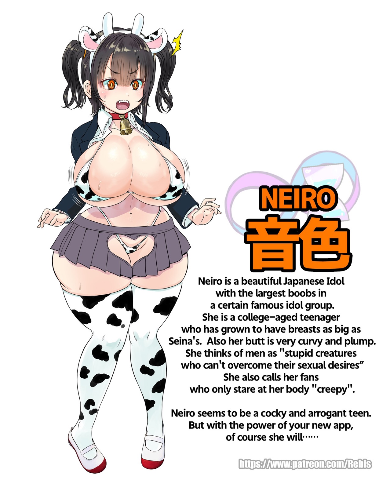 asian, ass, big breasts, bimbo, bimbo body, black hair, breasts, brown hair, brunette, choker, cleavage, cow ears, cow print, cow print bikini, cow print thighhighs, cowbell, curvy, dark hair, english text, female, hourglass figure, huge ass, huge breasts, light skin, light-skinned female, miniskirt, mole on breast, neiro (rebis), original, pale skin, pale-skinned female, rebis, school uniform, schoolgirl, thick thighs, twintails, wide hips