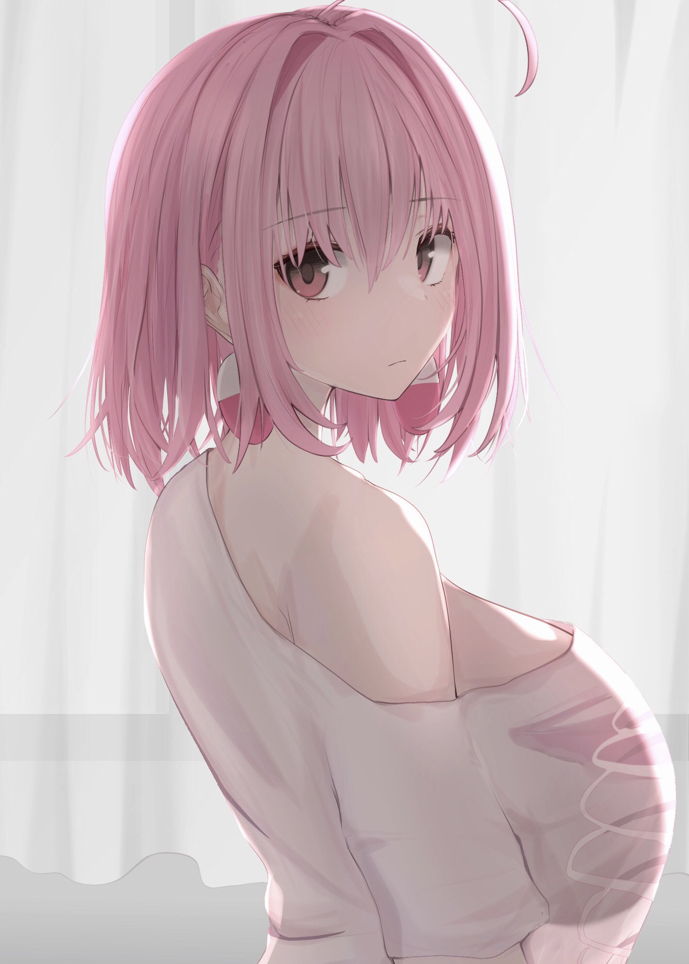 1girls, breasts, cute, female, female only, huge breasts, light skin, metae, pink hair, see-through, see-through clothing, see-through silhouette, solo, tagme, white shirt
