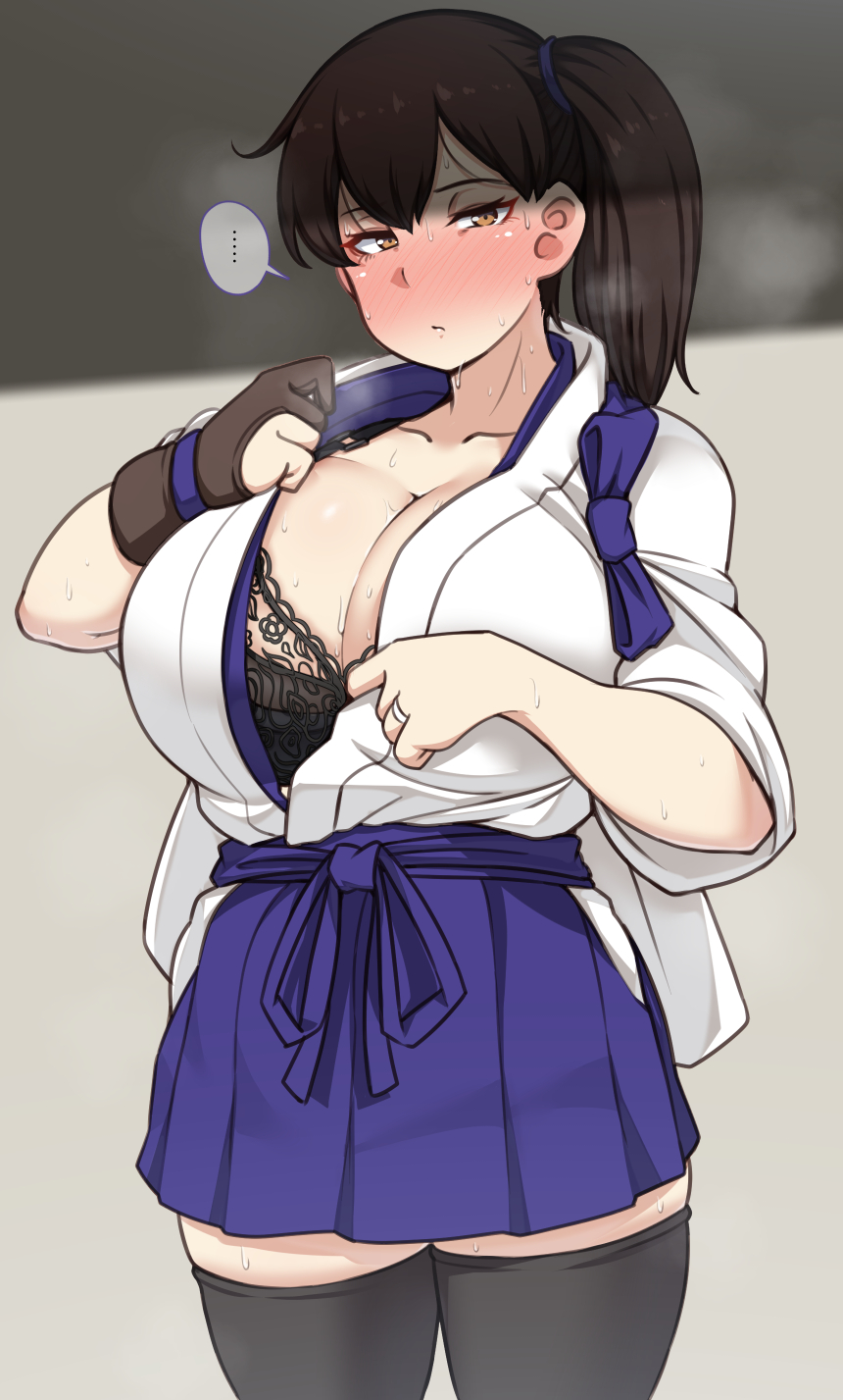 ..., big breasts, black bra, black legwear, black thighhighs, blush, bra, breasts, brown eyes, brown hair, cleavage, female, female only, hakama skirt, huge breasts, japanese clothes, kaga (kantai collection), kantai collection, lace-trimmed bra, looking at viewer, open clothes, ponytail, ryuun (stiil), side ponytail, single glove, solo, sweat, thick thighs, visible breath, zettai ryouiki