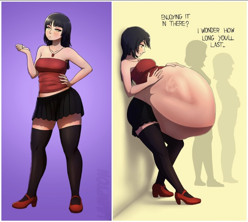 1girls 1other ambiguous_prey belly_bulge belly_expansion big_belly black_socks clothing colored digestion female female_focus female_pred imminent_digestion lampton skirt socks stockings thigh_socks thighhighs vore willing_prey