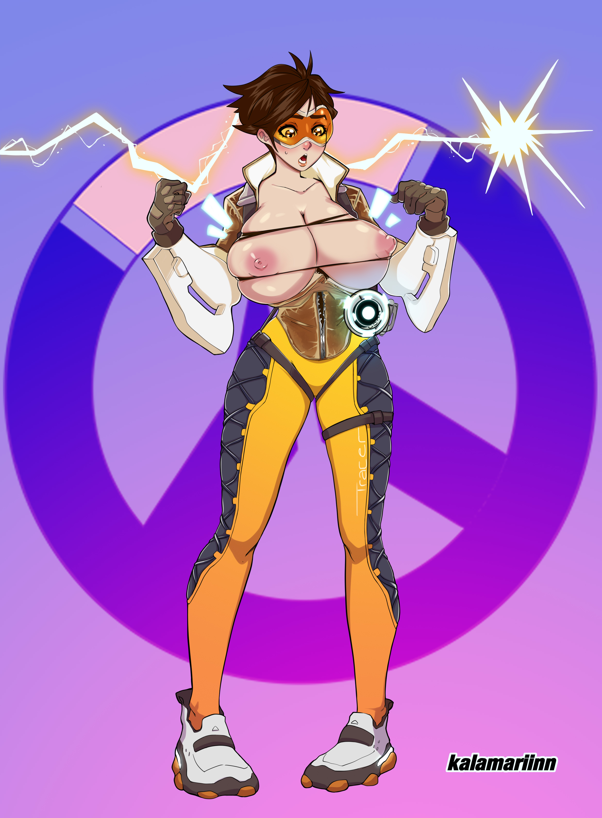 1girls, big breasts, blush, breast expansion, breast growth, breast growth (enlargement), breasts, breasts out, brown hair, exposed breasts, female, female only, gloves, goggles, jacket, kalamariinn, leather jacket, nipples, open mouth, overwatch, ripped clothing, short hair, spiked hair, surprised, sweat, sweatdrop, tight clothing, tight pants, torn clothes, tracer, visor, wardrobe malfunction