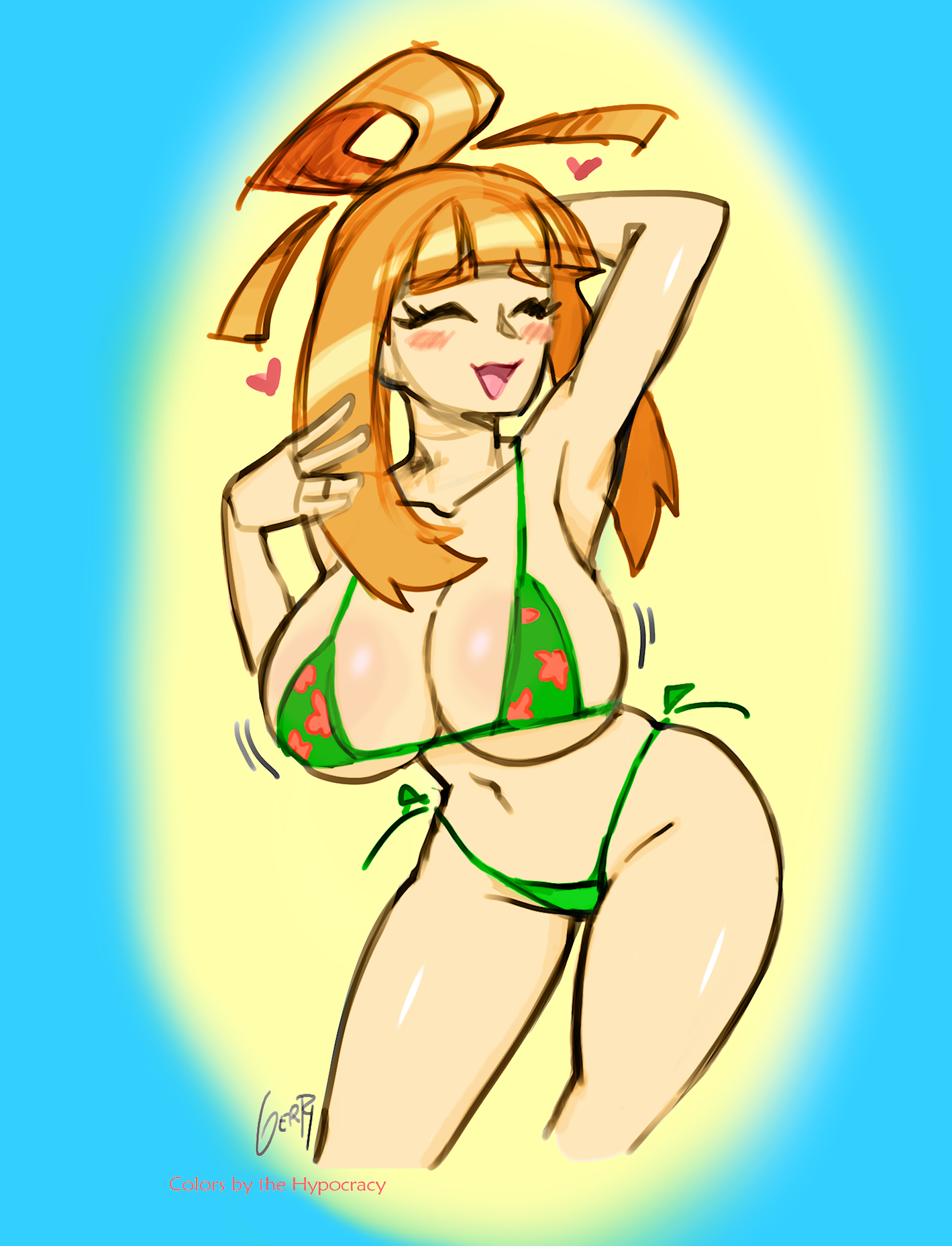 anisa (skarpworld), bikini, bikini bottom, bikini top, blonde hair, blunt bangs, breasts, closed eyes, clothed, colored, colored edit, colored sketch, colorized, da hypocrat, edit, female, gerph, green, green bikini, large breasts, light skin, light-skinned female, open mouth, orange hair, pose, side-tie bikini, skarp world, sketch, smile, swimsuit