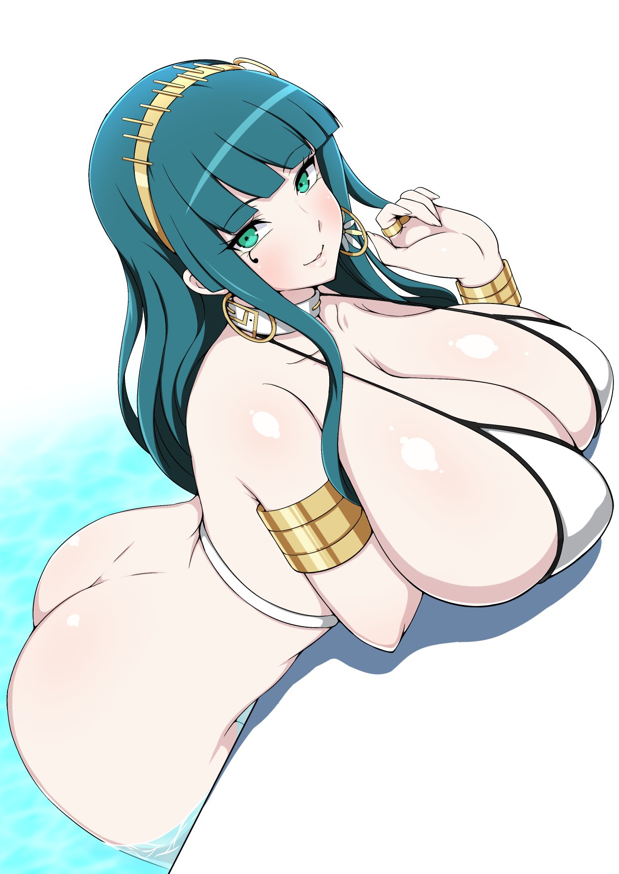 1girls 2021 arm_under_breasts ass bikini bikini_top bottomless bottomless_female breasts cleavage cleopatra_(fate) earrings egyptian facial_markings fate/grand_order fate_(series) female female_focus female_only green_eyes green_hair hips huge_breasts jabara_tornado jewelry large_ass light_blush long_hair looking_at_viewer pool poolside royalty slim_waist smile thick_thighs thighs water white_background white_bikini_top wide_hips