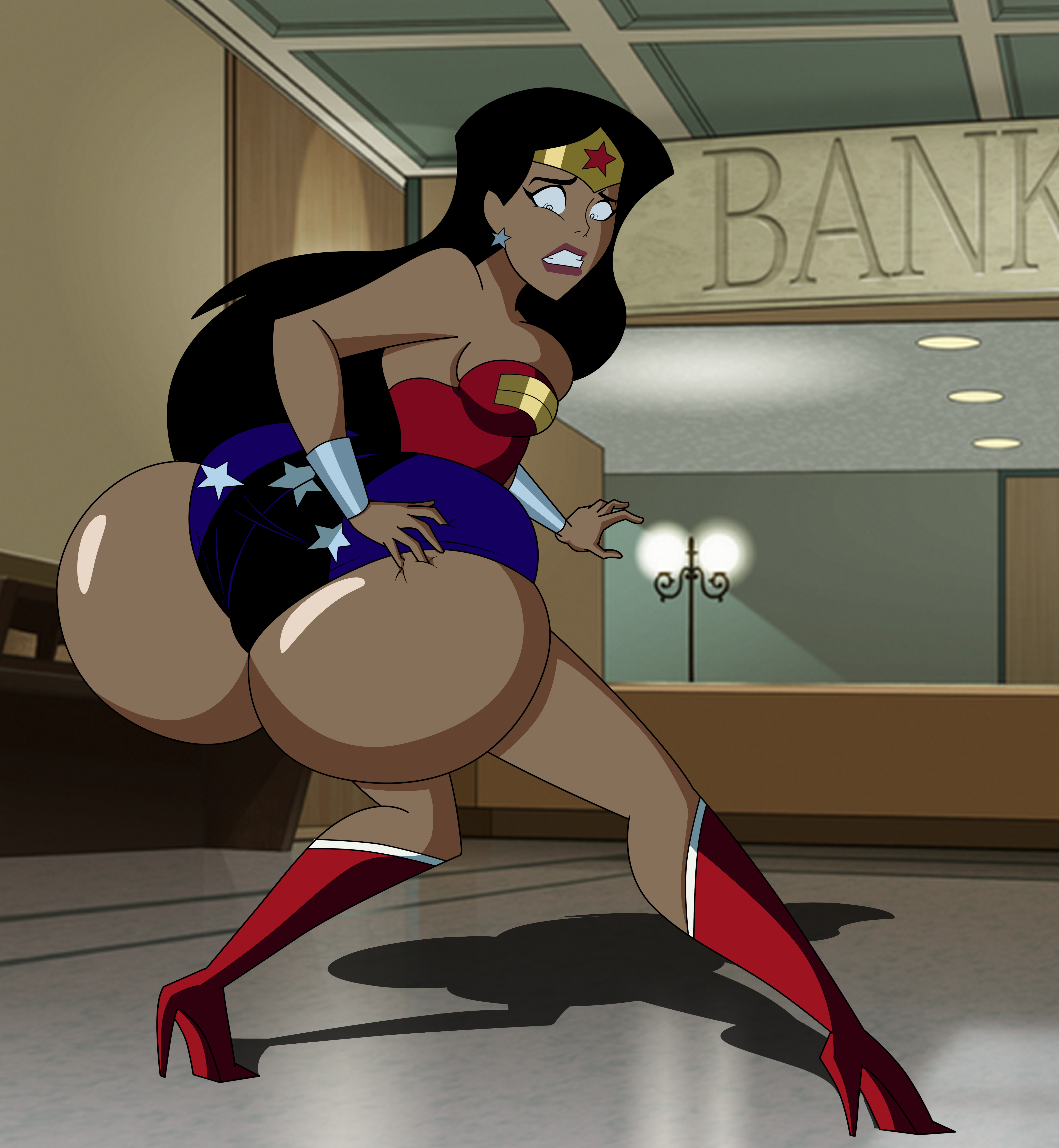 ass, ass expansion, black hair, bracelets, breasts, cartoon network, dark skin, dark-skinned female, dc, dc comics, dcau, female, gigantic ass, grimphantom, high heel boots, justice league, justice league unlimited, large breasts, long hair, overflowing breasts, public humiliation, shocked expression, tagme, toonami, wonder woman, wonder woman (series), worried expression