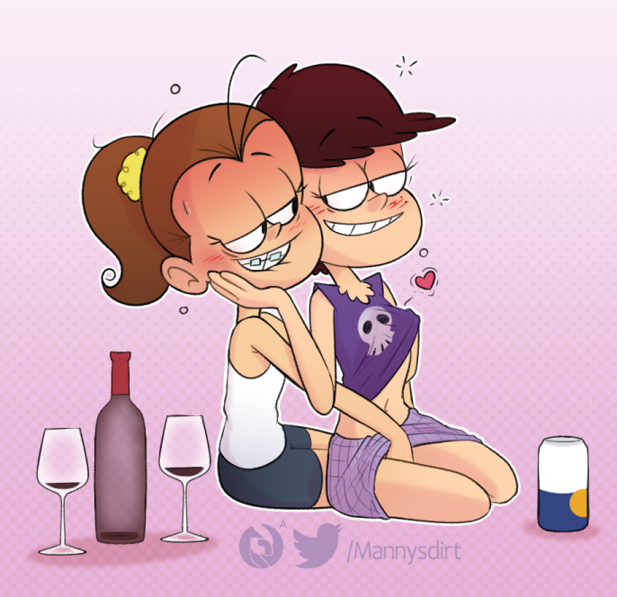 2girls alcohol alternate_clothing blush brown_hair drinking drinking_wine drunk duo female female_only fully_clothed grabbing_breast heart incest looking_at_each_other luan_loud luna_loud mannysdirt nickelodeon red_wine signature sisters teasing the_loud_house touching touching_pussy wine wine_bottle wine_glass yuri