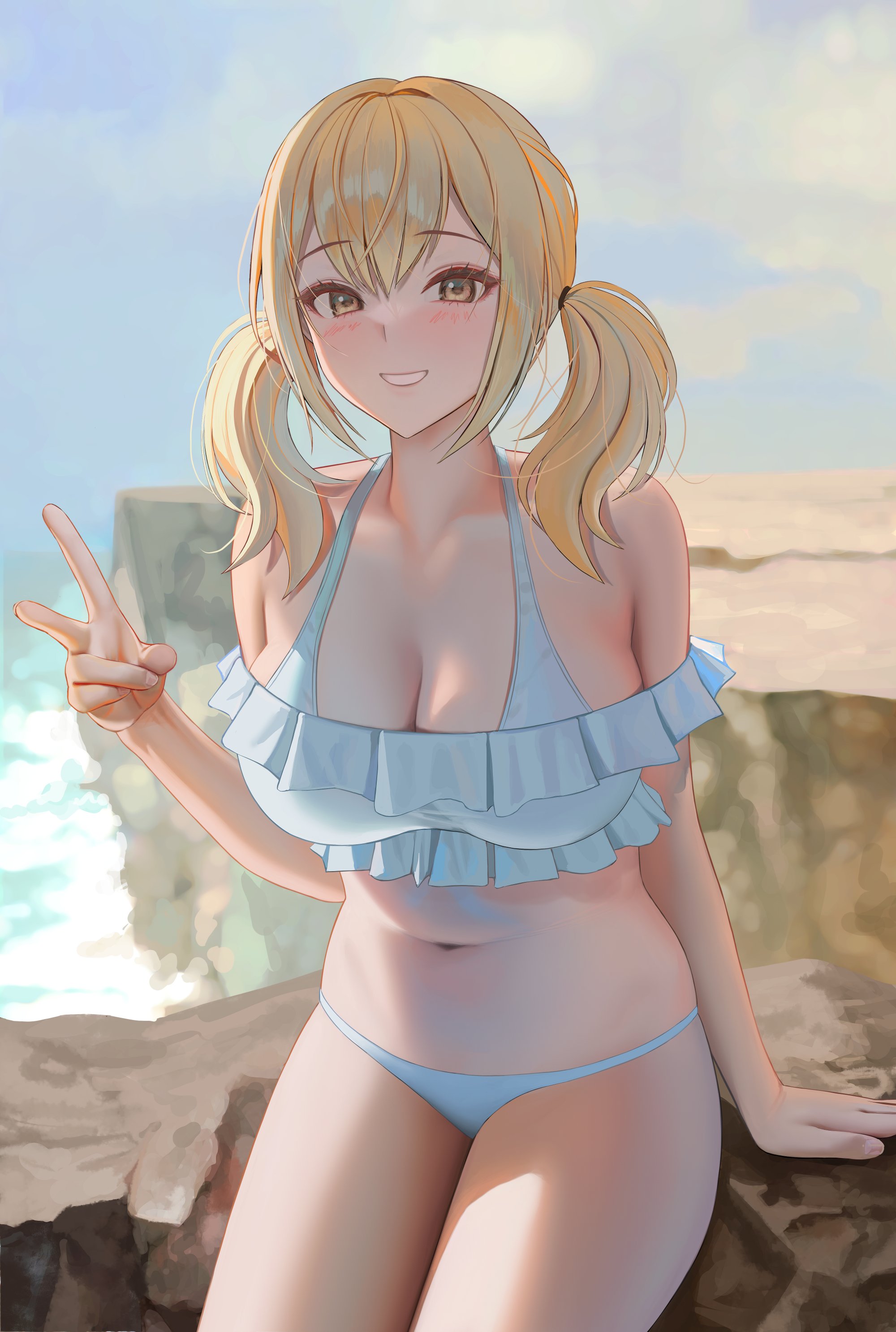 bikini bottom, blonde hair, blushing, breasts, chubby, fairy tail, female, frilly, huge breasts, lucy heartfilia, peace sign, pigtails, smile, tagme, tokkihouse
