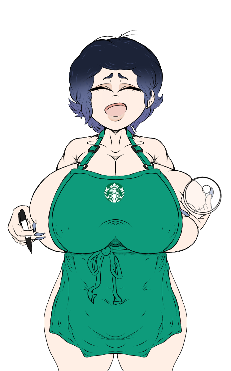 1girls big_breasts boceto breasts closed_eyes dalma_rocksbear_(artist) female female_only genitals girl green_eyes huge_breasts human iced_latte_with_breast_milk meme nipples oc open_mouth oppai original original_character rocksbear_(artist) sketch starbucks