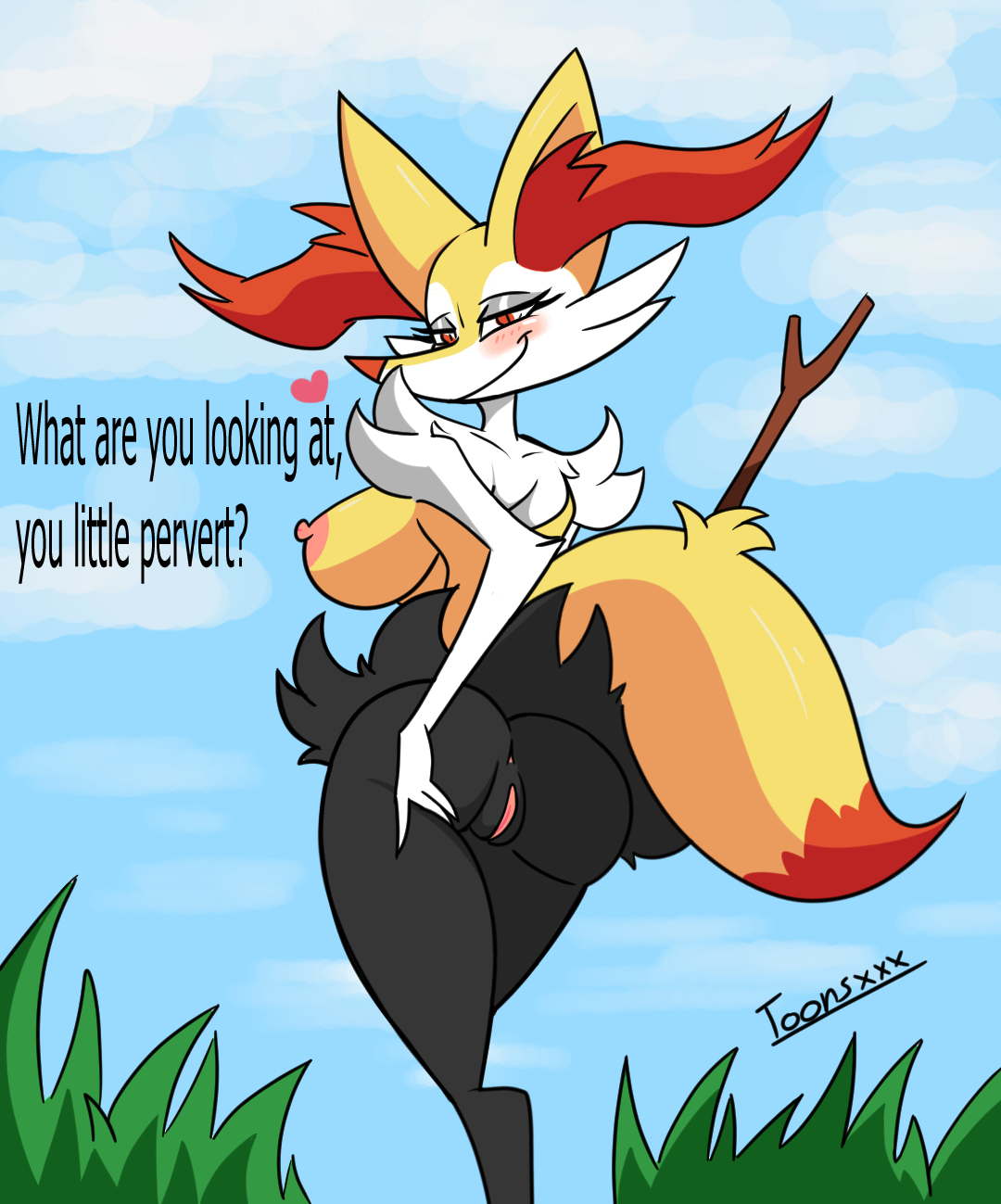 2021, artist signature, ass, ass grab, big breasts, braixen, breasts, dialogue, eltoonsz, english text, female, fur, furry, heart, huge ass, huge breasts, looking at viewer, looking back, pink nipples, pink pussy, pokémon (species), pokemon, pokemon (species), pokemon xy, pokephilia, pussy, sideboob, smile, stick, talking to viewer, toonsxxx, underboob