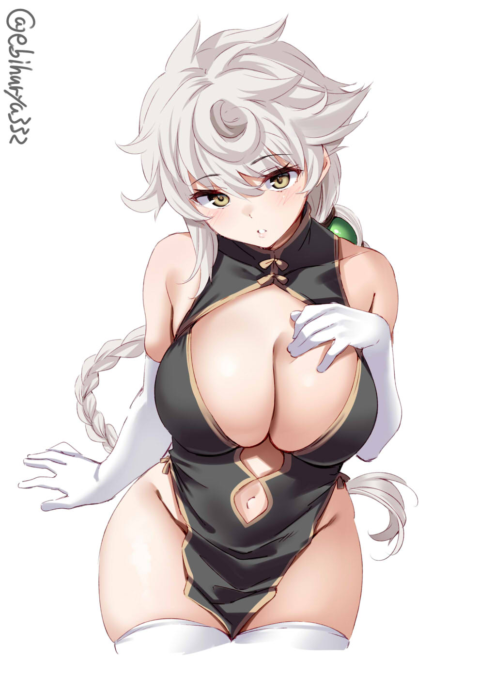 alternate costume, big breasts, blush, braid, braided hair, breasts, china dress, chinese clothes, cleavage, cleavage cutout, curly hair, ebifurya, female, gloves, high-angle view, kantai collection, long gloves, long hair, looking at viewer, navel, side slit, single braid, solo, thick thighs, thighhighs, unryuu (kantai collection), very long hair, white gloves, white hair, white legwear, white thighhighs, yellow eyes