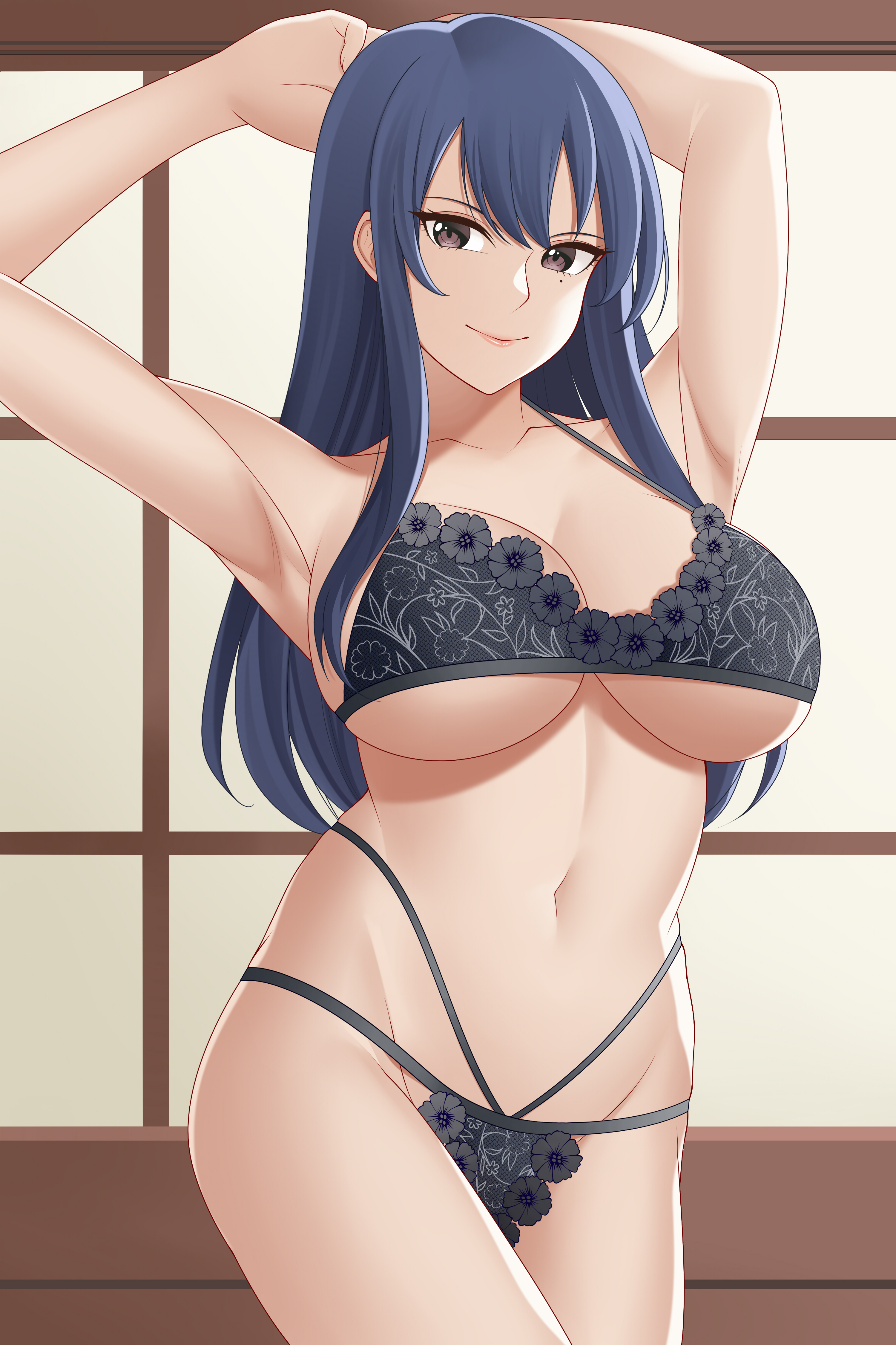 1girls, armpits, arms behind back, aslindsamure, big breasts, blue hair, blue-haired female, breasts, cleavage, dark blue hair, edens zero, female, female focus, female only, homura kogetsu, lingerie, long hair, looking at viewer, mole under eye, multi-strapped bikini, multi-strapped panties, small panties, smile, solo, standing, underboob