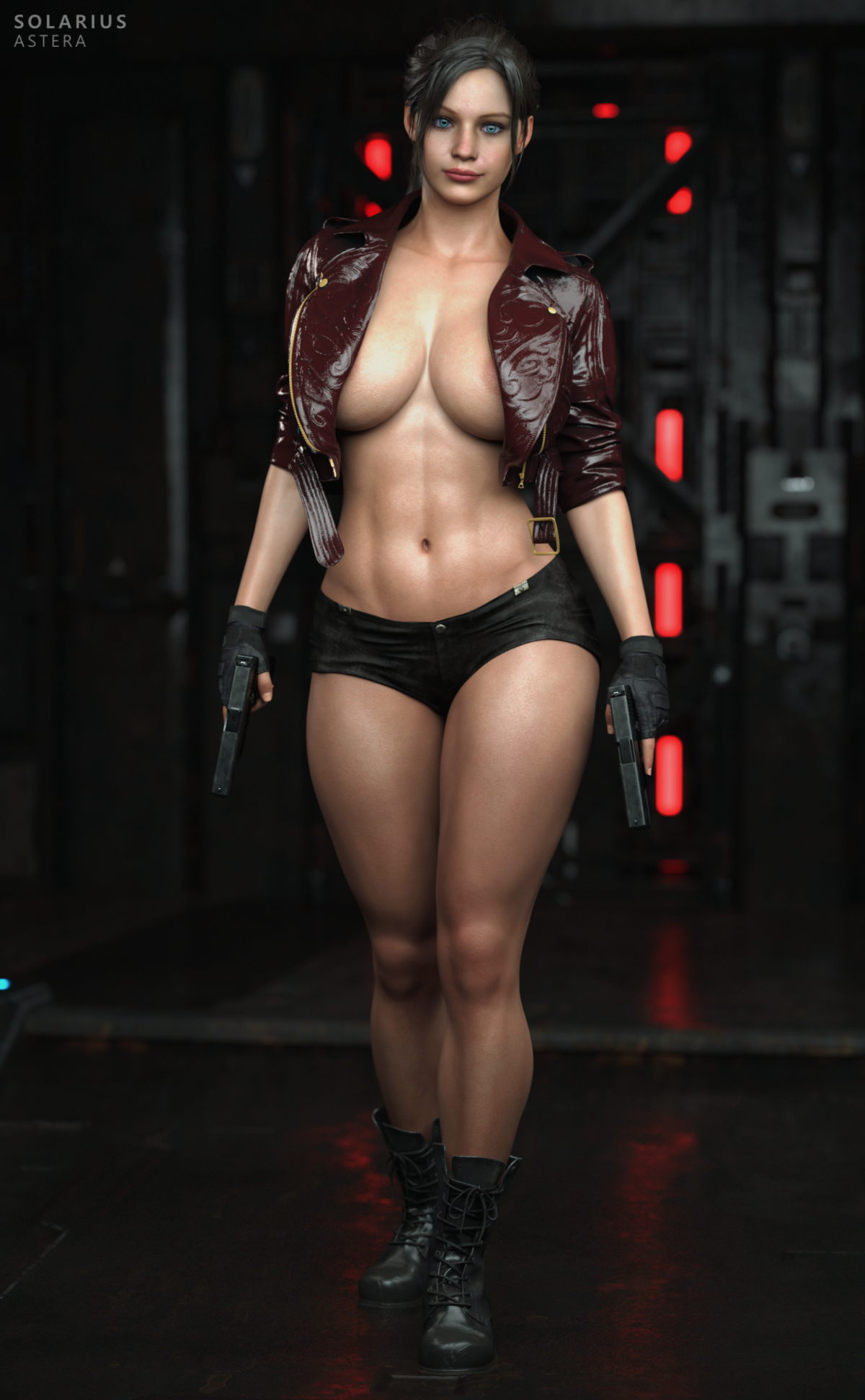 1girls, 3d, abs, big breasts, blue eyes, breasts, brown hair, busty, capcom, claire redfield, crop top, cropped jacket, female, female focus, female only, full body, hourglass figure, jacket, long hair, navel, pistol, ponytail, resident evil, resident evil 2, resident evil 2 remake, sleeves rolled up, solarius astera, solo, solo female, standing, tagme, thick thighs, wide hips