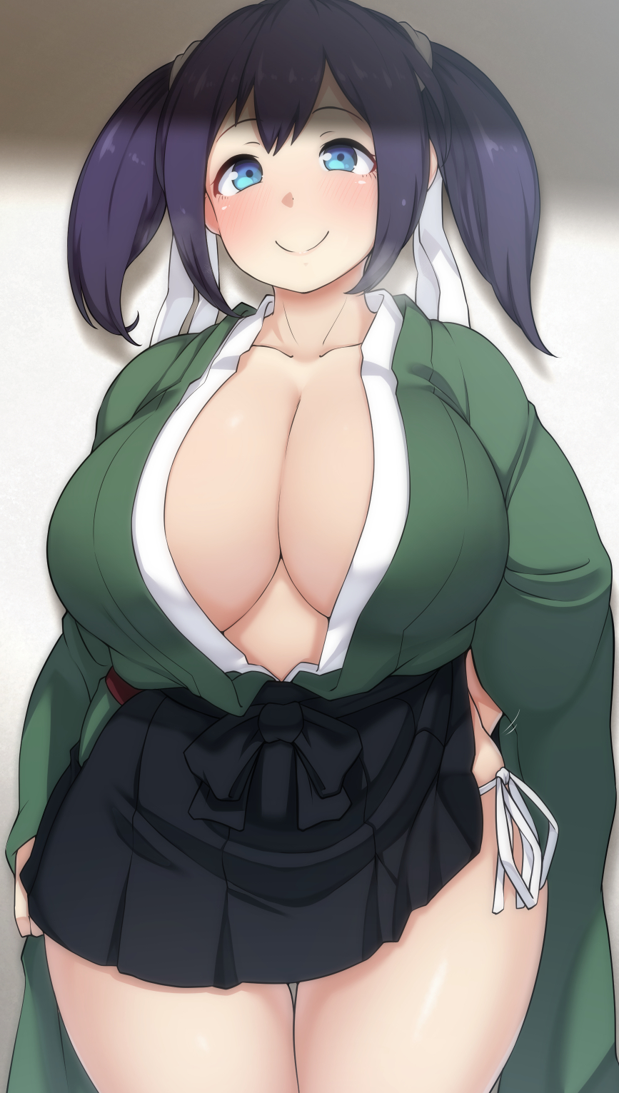 big breasts, black hair, blue eyes, blush, breasts, cleavage, dark hair, female, hair ribbon, hakama, hakama skirt, huge breasts, japanese clothes, kantai collection, long sleeves, miniskirt, no bra, open clothes, panties, ryuun (stiil), side-tie panties, smile, souryuu (kantai collection), thick thighs, twintails, white panties, wide hips