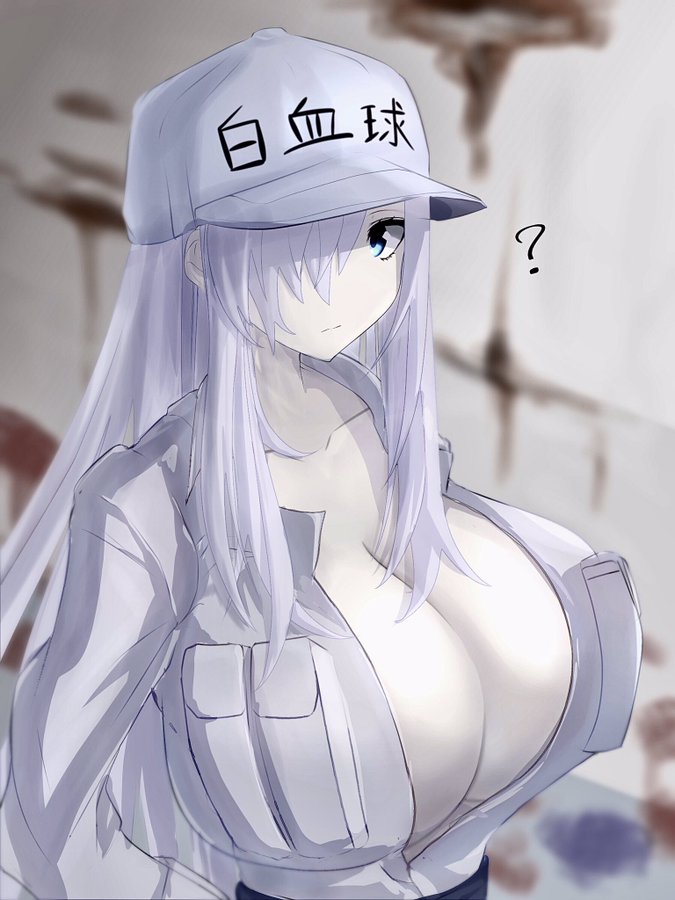 ?, 1girls, big breasts, blue eyes, blurred background, blurry background, breasts, cap, cleavage, clothed female, clothing, female, female only, hair over one eye, hat, hataraku saibou, hataraku saibou black, headwear, huge breasts, long hair, looking at viewer, metae, solo, solo female, tagme, u-1196, white blood cell (hataraku saibou), white body, white skin