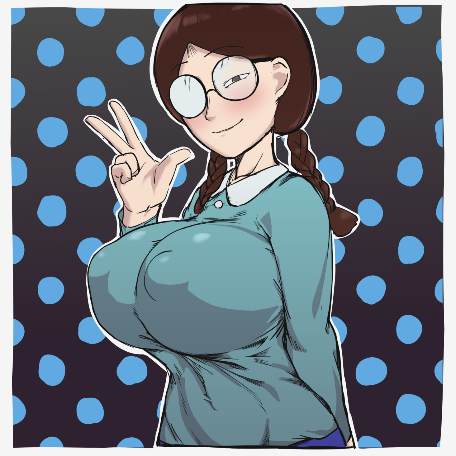 areola bulge, big breasts, blush, breasts, circle glasses, clothed, female, female only, glasses, huge breasts, kaxiota, looking at viewer, oc, original, peace sign, smile, smiling, solo female, solo focus, tagme, twin braids