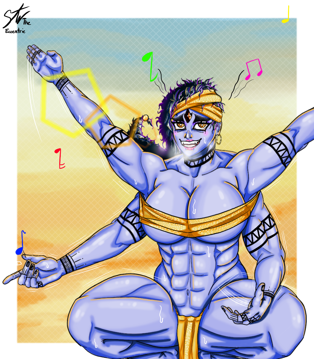 3_eyes 4_arms abs big_breasts blue_skin clothed female female_only fundoshi genderbend genderswap genderswap_(mtf) goddess hindu_mythology monster_girl multi_arm multi_eye multi_limb muscular muscular_female record_of_ragnarok rule_63 shiva shiva_(shuumatsu_no_valkyrie) shuumatsu_no_valkyrie solo squatting sweat tattoo tattooed_arm tattoos wraps