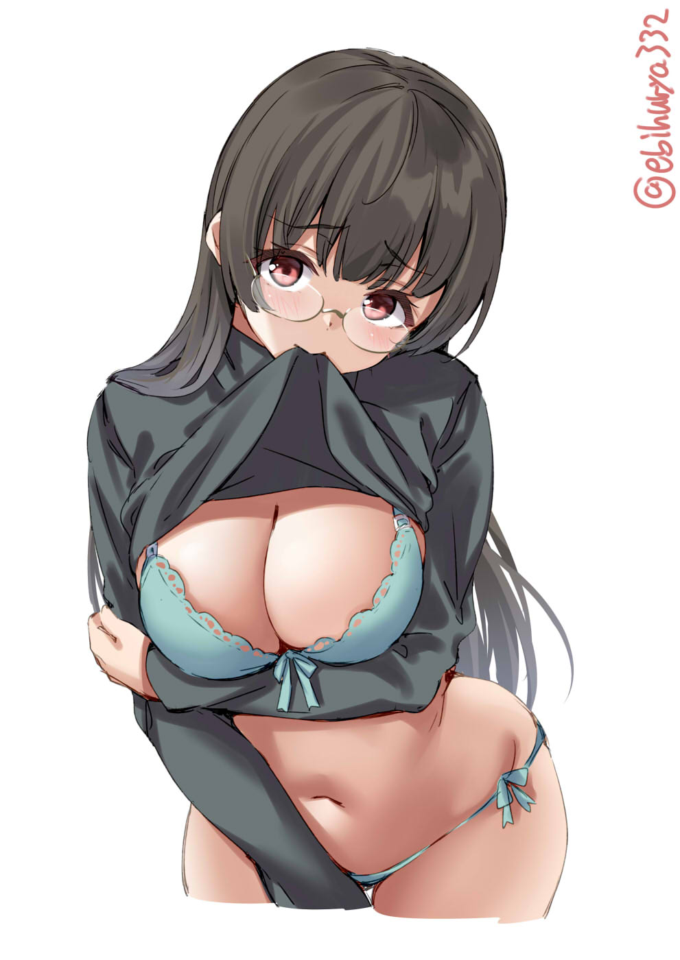 1girls arm_under_breasts bangs big_breasts black_shirt blue_bra blue_panties bra breasts brown_hair choukai_(kantai_collection) cleavage clothing ebifurya female female_only glasses kantai_collection lace-trimmed_panties leaning_forward legs_together long_hair long_sleeves looking_at_viewer matching_underwear panties red_eyes shirt shirt_in_mouth shirt_lift solo