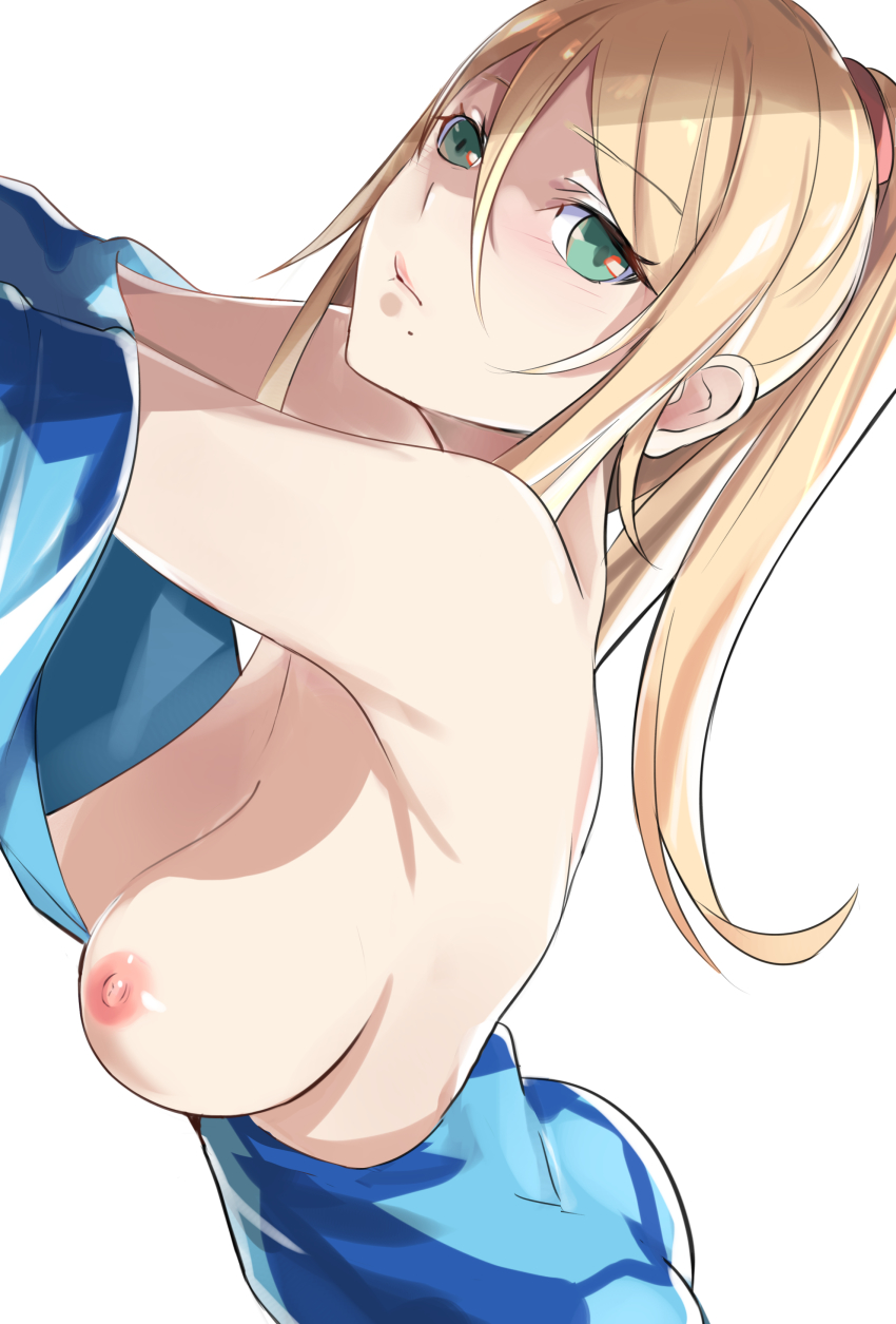 aqua_eyes areolae ass bangs bare_shoulders bodysuit breasts cleavage closed_mouth eyebrows_visible_through_hair female hair_between_eyes hair_tie high_ponytail large_breasts long_hair metroid mole mole_under_mouth nintendo nipples one_breast_out samus_aran super_smash_bros. tomas_(kaosu22) zero_suit zero_suit_samus