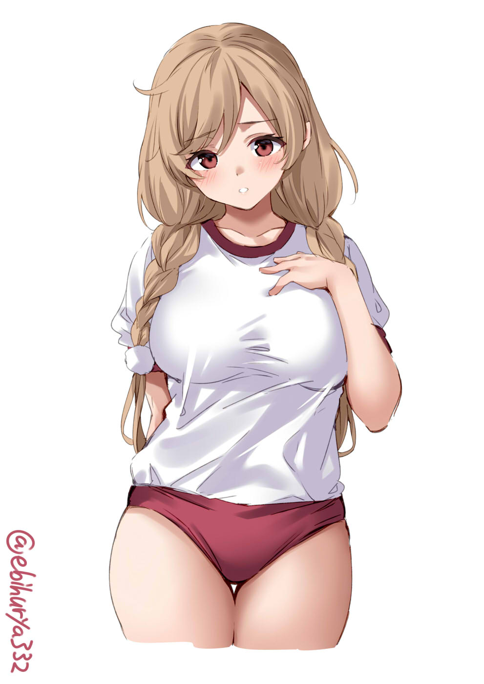 arm_behind_back bloomers blush braided_hair braided_twintails braids buruma ebifurya female_only gym_uniform hand_on_chest kantai_collection light_brown_hair long_hair looking_at_viewer minegumo_(kantai_collection) red_eyes solo thick_thighs