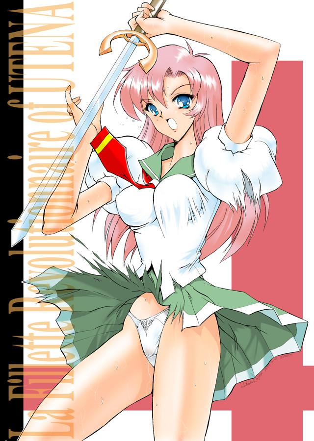 1girls blue_eyes bouncing_breasts breasts curvy female female_only human kino_hitoshi large_breasts light-skinned_female light_skin long_hair medium_breasts panties pantyshot pink_hair puffy_sleeves revolutionary_girl_utena sailor_collar school_uniform skirt solo sweat sword torn_clothes underwear utena_tenjou weapon wide_hips