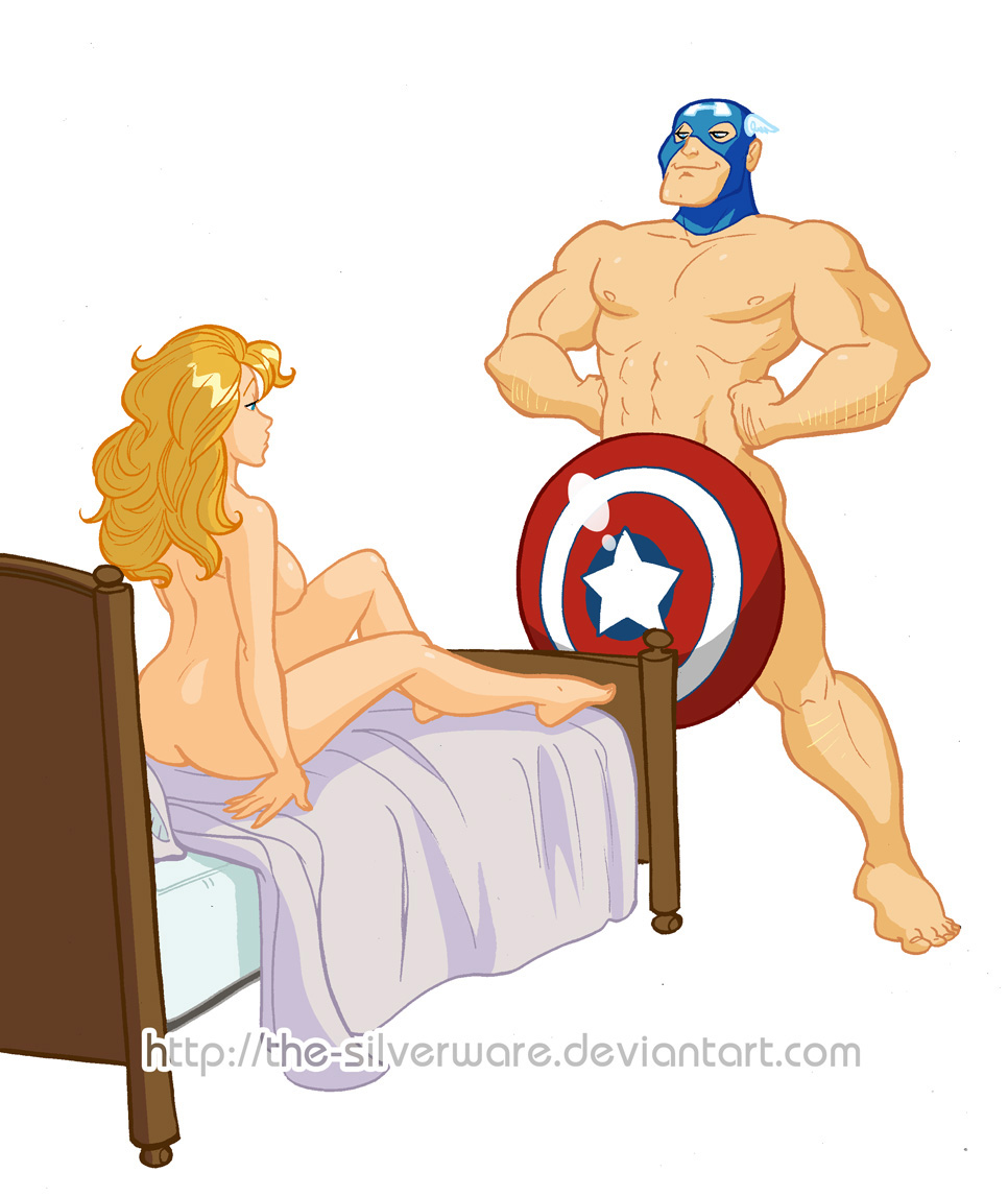 1boy 1girls abs ass avengers barefoot bed biceps blonde_hair blue_eyes breasts captain_america captain_america's_shield captain_america_(series) feet female male marvel mask muscles nude pecs ritam serratus_anterior sharon_carter sideboob steve_rogers straight straight_hair the-silverware